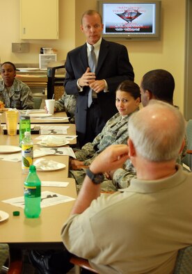 During the weekly Air Force Mortuary Affairs Operations Center pizza and conversation hosted by the Resiliency Team, Mr. Todd Rose, Chief of Air Force Mortuary Affairs, shares a story about his role in the repatriation of remains of Air Force personnel who died in Southeast Asia during the Vietnam War. (U.S. Air Force photo/Capt. Heather Garrett)

