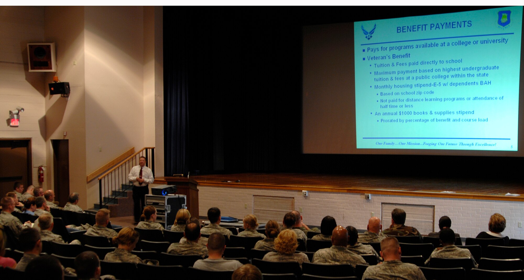 Steve Holman, 22nd Air Refueling Wing chief of education and training, speaks to a group at McConnell’s theater about the new G.I. Bill and its benefits, Aug. 6. The briefing focused on the transferability of the bill’s education benefits to spouses and children. (U.S. Air Force photo/Senior Airman Laura Suttles)