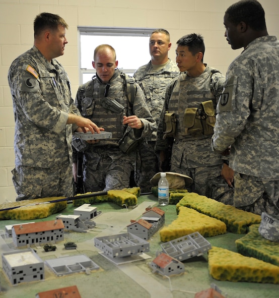 CAMP BLANDING, Fla. -- Army instructors from the 211th Regiment, Regional Training Institute at Camp Blanding, review military operations in urban terrain village training objectives with class leaders from the Cyclogenesis course here July 29. Members from the 93rd Air Ground Operations Wing, a tenant wing at Moody Air Force Base, Ga., were sent to the training to learn U.S. Army basic warrior tasks, which include qualifying on certain weapon systems, small unit tactics and MOUT village training. (U.S. Air Force photo by Senior Airman Schelli Jones)