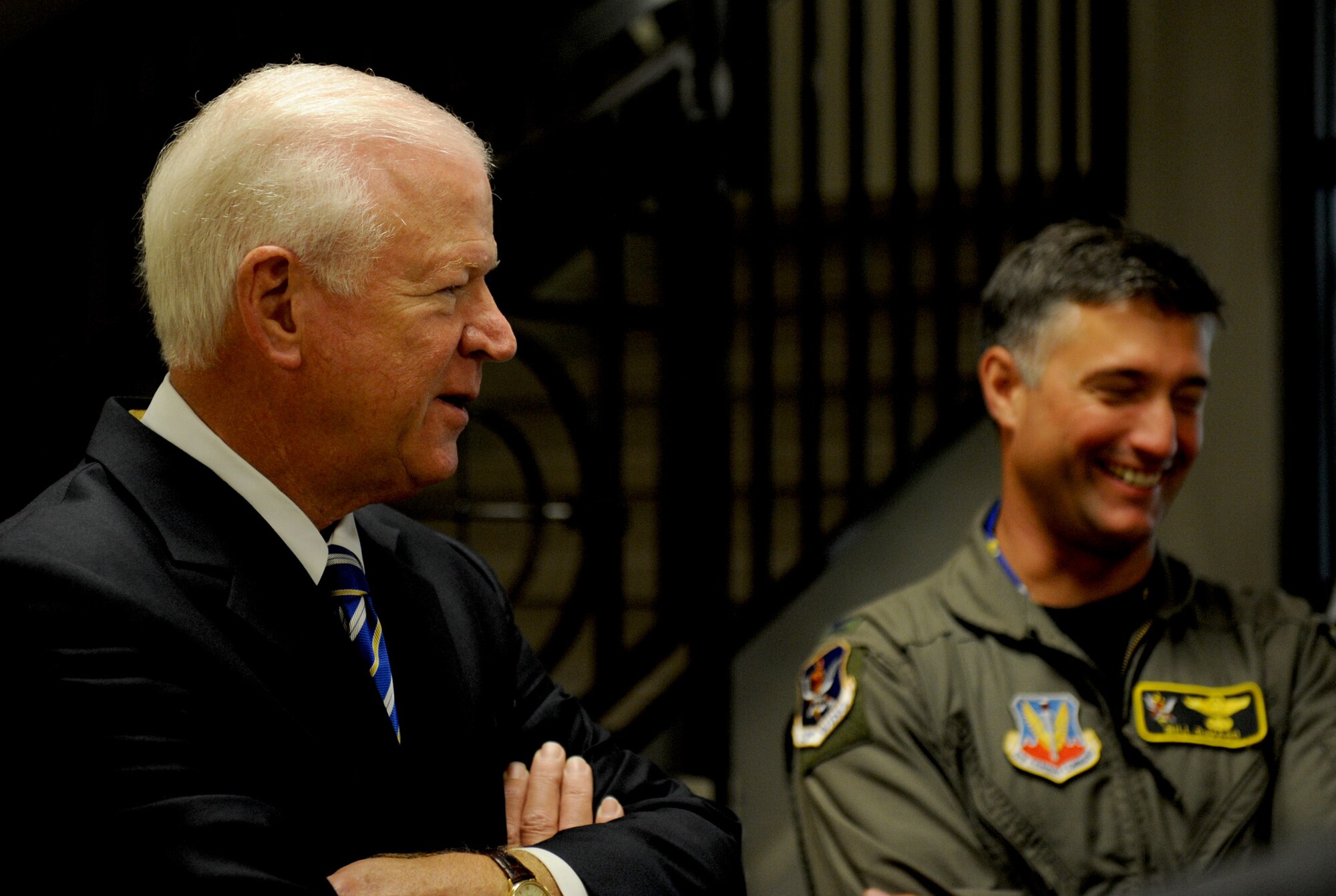 MOODY AIR FORCE BASE, Ga. -- Sen. Saxby Chambliss of Georgia talks with Col. William DeMaso, 23rd Wing vice commander, during his visit here Aug. 13. (U.S. Air Force photo by Senior Airman Gina Chiaverotti-Paige)