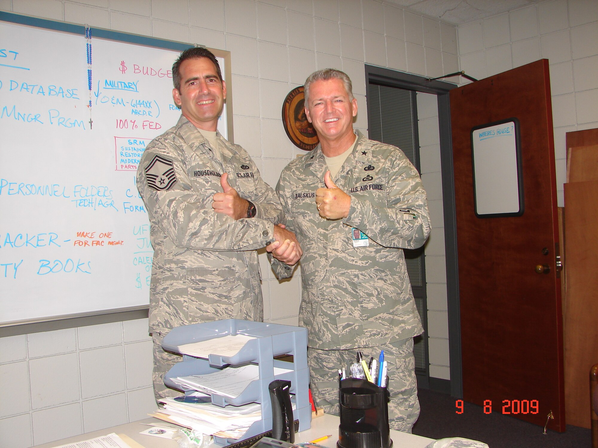 202nd RED HORSE SMSGT James Householder (Facilities Manager) gets a "Thumbs Up!" from Brigadier General Joseph Balskus, during an August 2009 Unit Compliance Inspection at RED HORSE.  SMSGT James Householder also serves as Structural Superintendent.  UCI Team Chief Colonel Mark Moore said RED HORSE did "very, very well" in the Unit Compliance Inspection.
