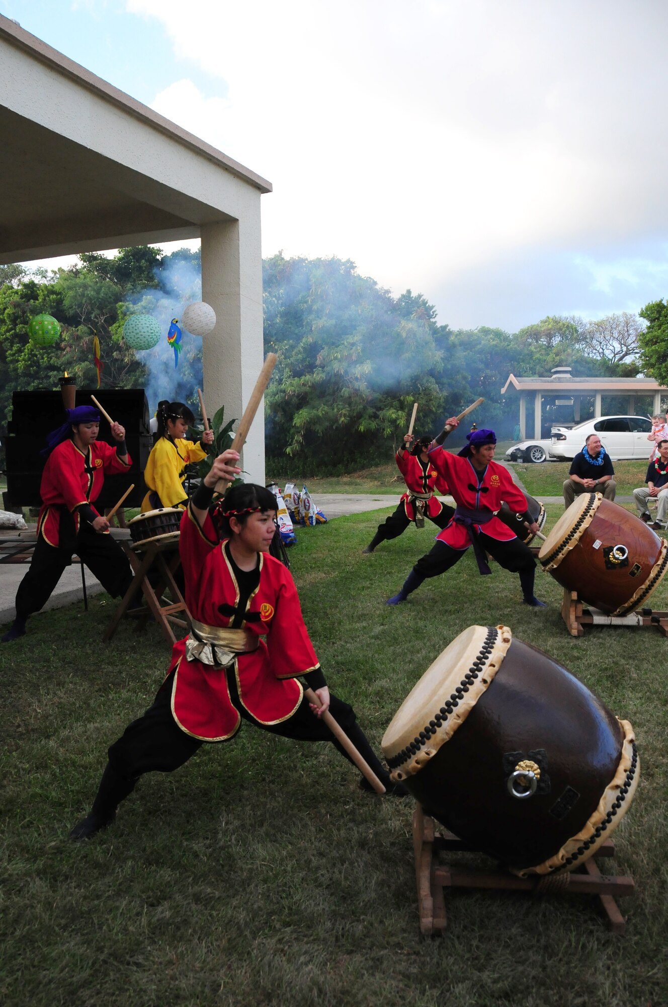 Members of the Taiko Drummers perform for team Kadena members during a base wide luau held at the Wire Bean Center, here at Kadena Air Force Base, 13 August, 2009. This event hosted by the base chapel included, outdoor Hawaiian style pig roast, island buffet, and fellowship.  (U.S. Air Force photo/Staff Sgt Lakisha A. Croley)