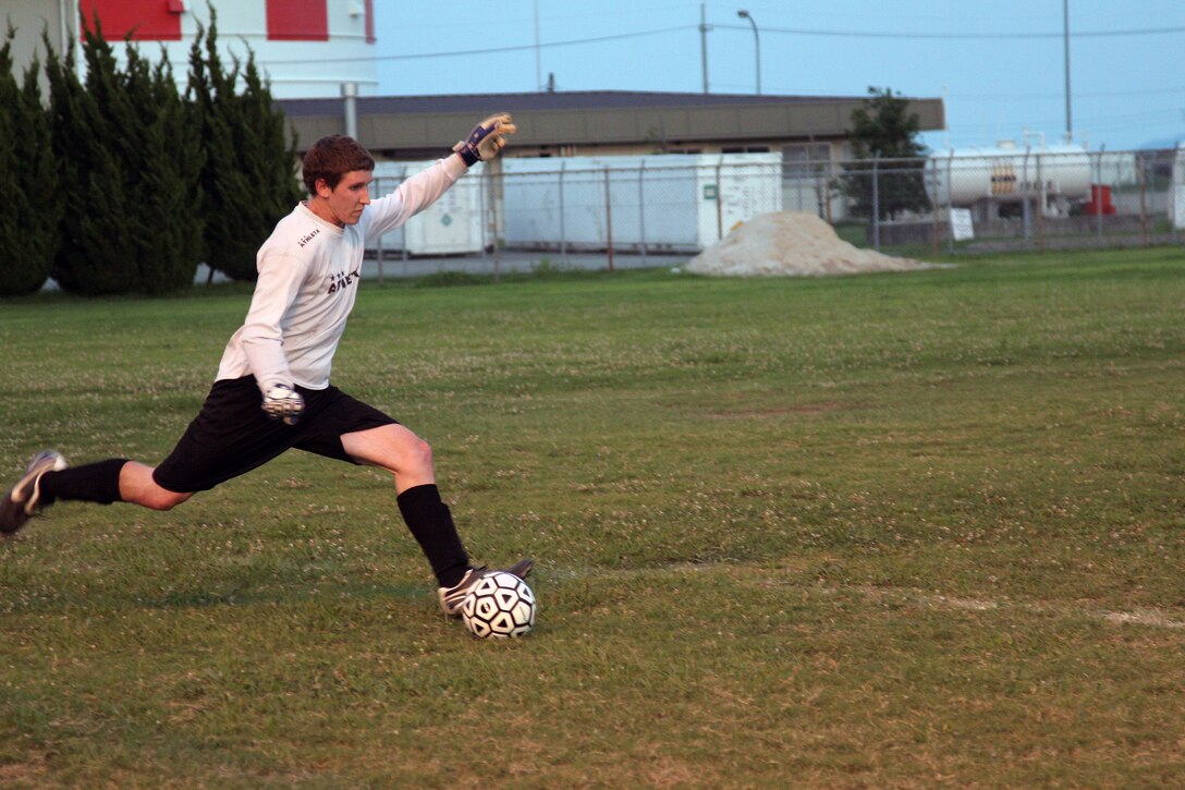 The Tigers goal keeper prepares to clear the ball across the field at Penny Lake here August 14. The Tigers held their ground throughout the first  half of the game but lost during a final shoot-out.