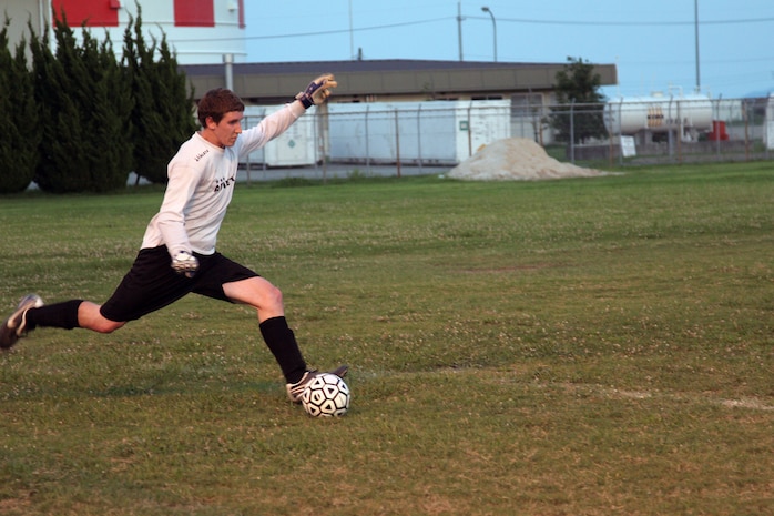 The Tigers goal keeper prepares to clear the ball across the field at Penny Lake here August 14. The Tigers held their ground throughout the first  half of the game but lost during a final shoot-out.