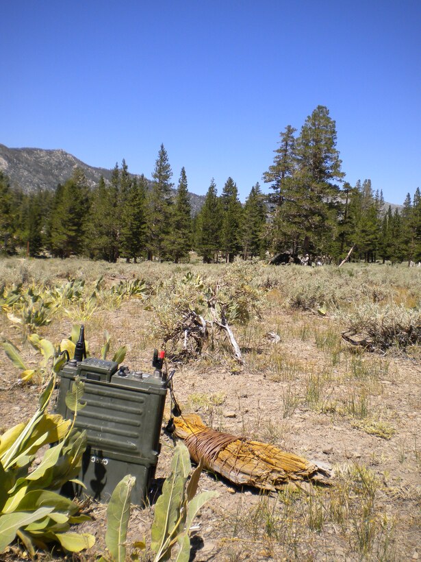 A PRC-109 radio and a length of wire wrapped around a piece of wood sit in Landing Zone Cardinal at the Mountain Command and Control Communications Course at Marine Corps Mountain Warfare Training Center Bridgeport, Calif., Aug. 15.