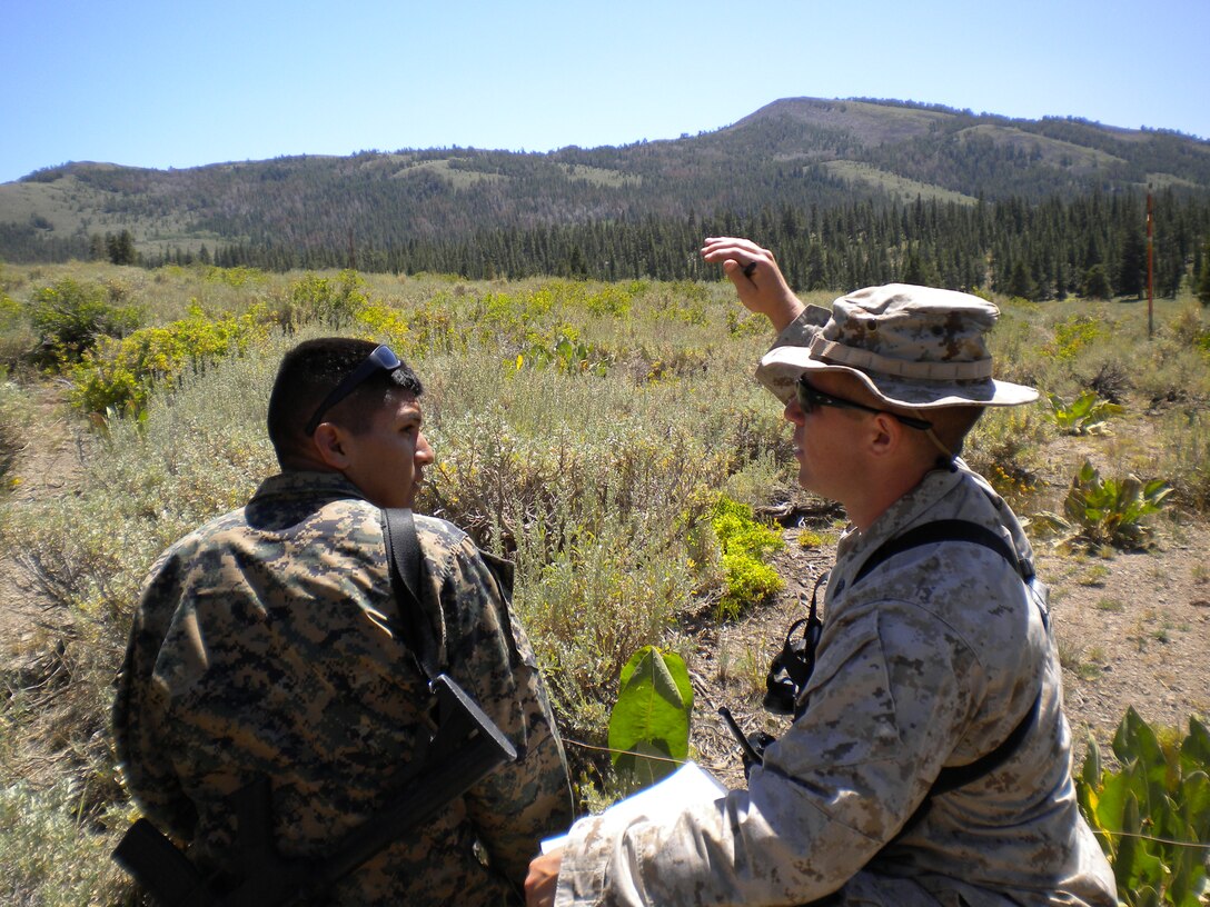 Sergeant Dick Lagerquist, the instructor chief for Mountain Command and Control Communications Course, explains to a student he might be more successful at establishing radio connectivity if he elevates his antenna during an evaluation phase Aug. 15 at Marine Corps Mountain Warfare Training Center Bridgeport, Calif.