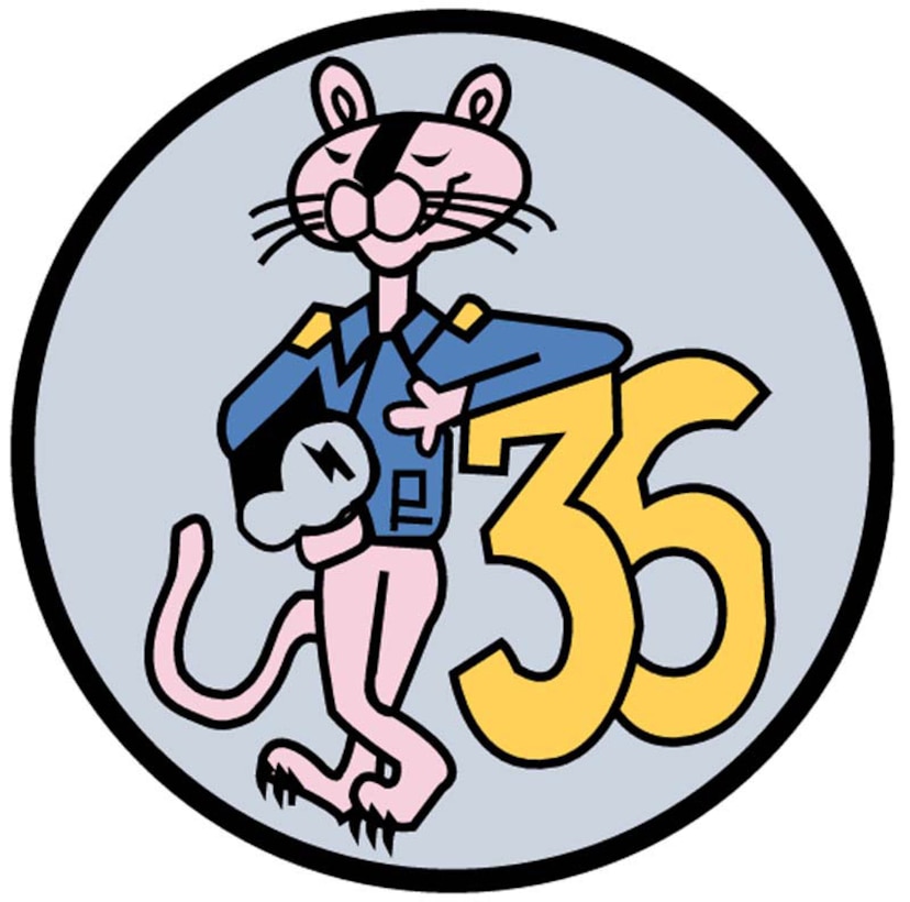 The patch, a gray circle with a black border, has in its center the "Pink Panther" outlined in black. He wears a blue flight jacket with a second lieutenant's insignia and holds a white helmet. He leans against the yellow and black numeral "36."

The Pink Panther depicts the cunning and sophistication every cadet strives for during his cadet career. The flight jacket, helmet and gold bars symbolize the cadet's two most immediate goals: a commission as a second lieutenant and a flying career. The fact that the panther is leaning against the "36" signifies that a cadet depends on the other members of the Squadron.

This is the squadron's original patch. The Pink Panther was chosen to adorn the squadron patch because of his popularity as a Saturday morning cartoon character.