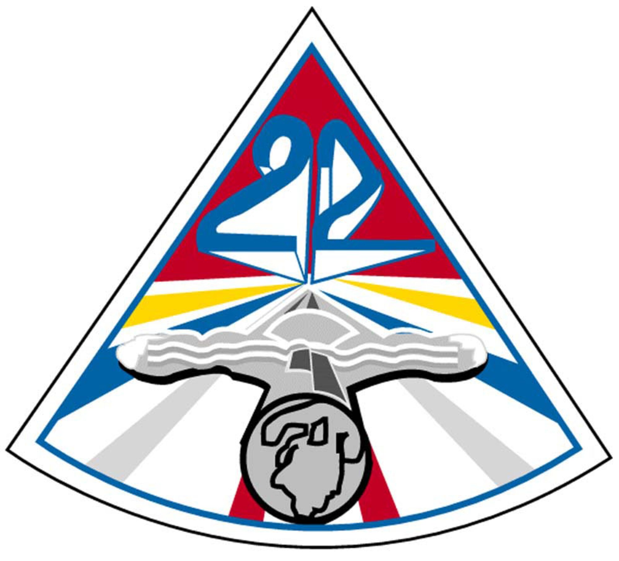 The patch is a triangle with a three-dimensional "22" in the upper part of its red field. A saber with navigator wings on its center and globe on the end of its hilt points toward the center of the field. Eight red, gold, blue and silver rays emanate from the center of the patch.

The emblem's triangle shape compares the squadron's strength and solidarity to one of the sturdiest geometrical shapes--the triangle. The dominate red color symbolizes courage. The saber, with the navigator's badge and globe, represents strength and readiness. The colored light rays, converging to a point on the horizon, signify unity among the four classes of the cadet wing.

This is the squadron's original patch.