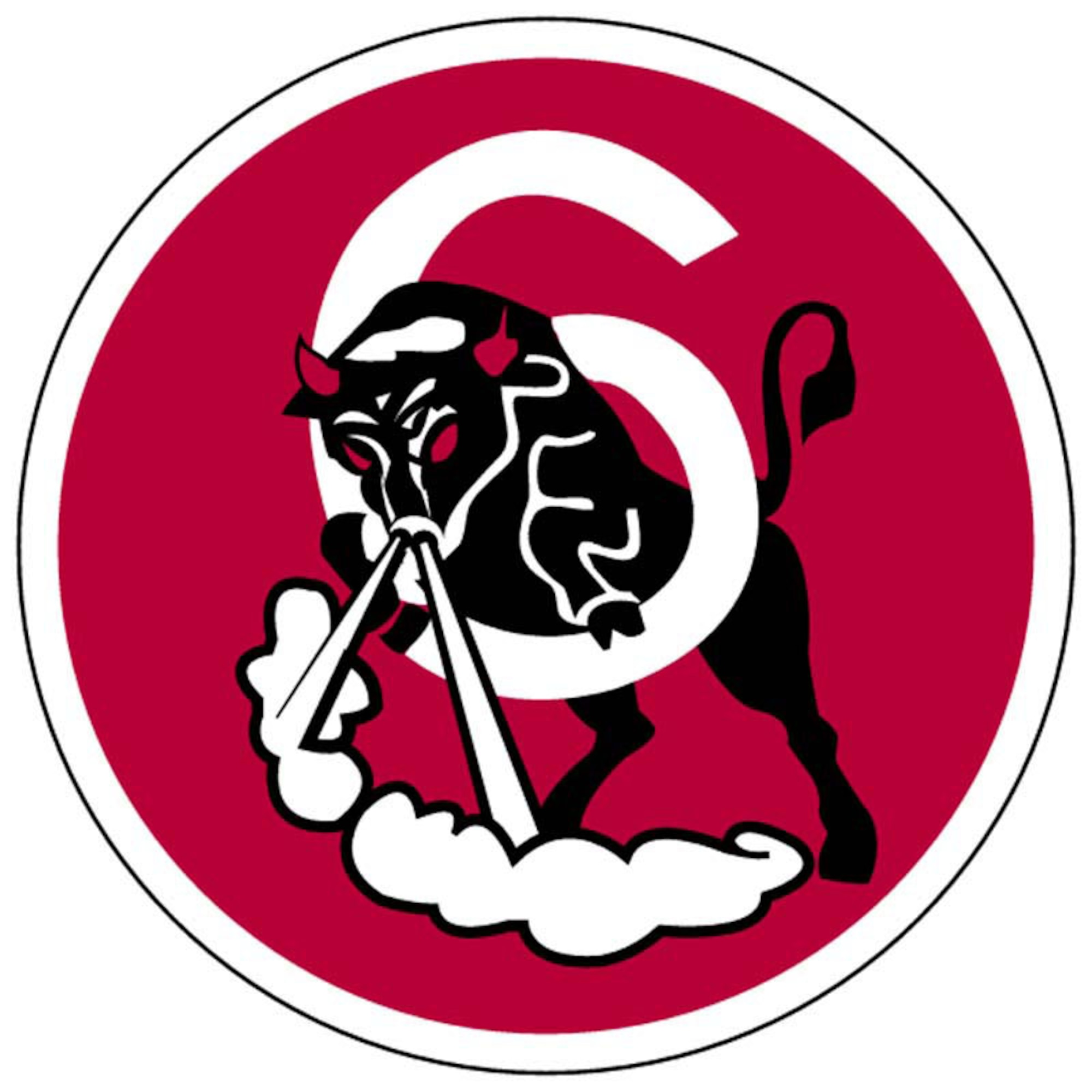 The bright red patch, a circle bordered in white, shows a large, boldly printed white "6_ located in the center. A ferocious black bull, snorting a white cloud, leaps through the circular opening at the bottom of the six.

The huge black bull, the Sixth Squadron?s mascot symbolizes strength, courage, determination, perseverance and tenacity. The bright red background adds to the glory of the bull.

This is the original squadron patch. 