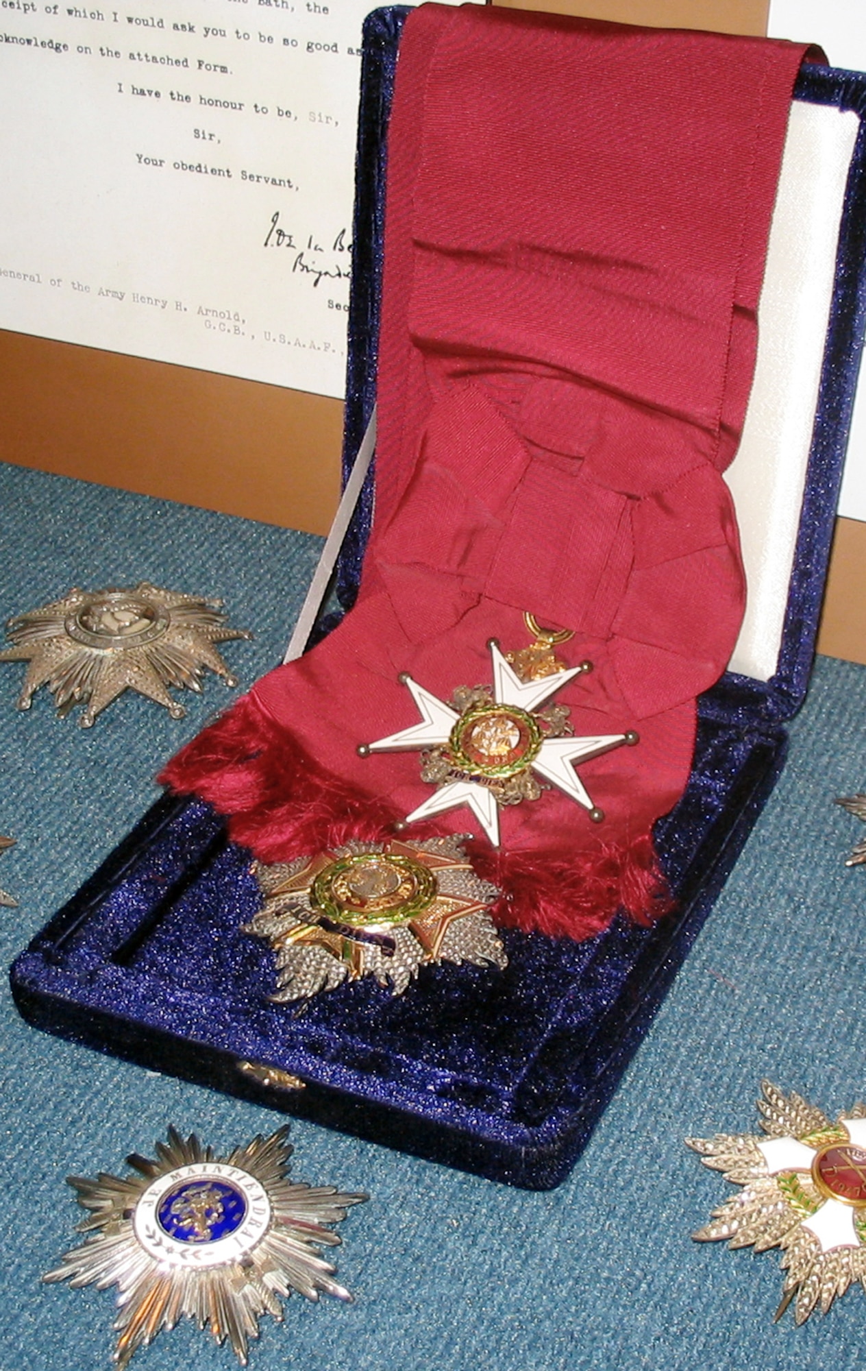 General Arnold's "Most Honourable Order of the Bath, Knight Grand Cross" Badge and Star (center) awarded by King George VI of England is probably the most well-known of the general's international awards and decorations for his service in World War II. (U.S. Air Force photo/Ken Carter)