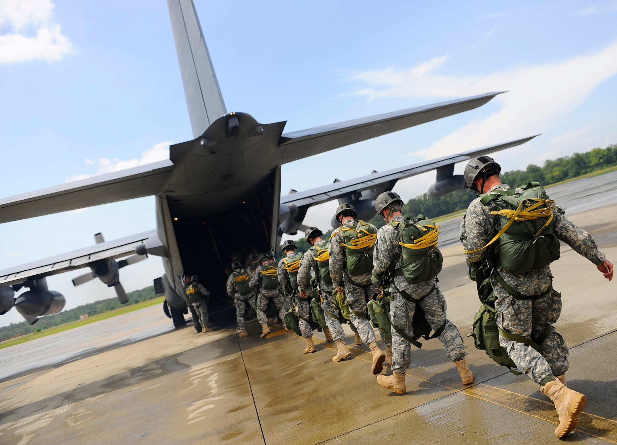 Army Rangers board a U.S. Air Force MC-130 Combat Talon II assigned to the 15th Special Operation Squadron from Hurlburt Field, Fla., during Ranger Rendezvous 2009 over Ft. Benning, Ga. More than 1,000 Rangers assigned to four Ranger battalions from across the country participated in a mass tactical jump flown by U.S. Air Force aircraft. (U.S. Air Force photo by Senior Airman Julianne Showalter)