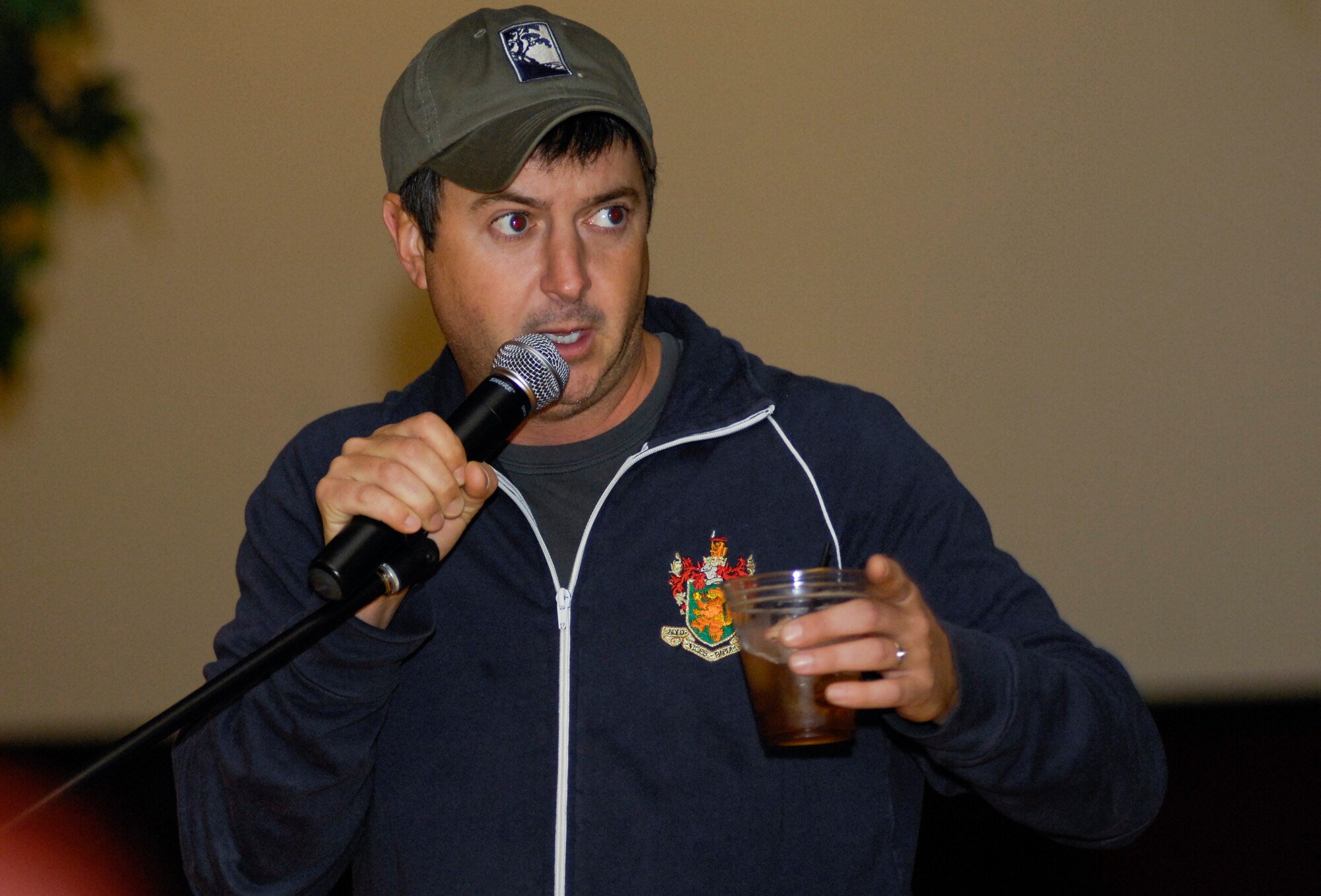 ELMENDORF AIR FORCE BASE, Alaska -- Stand-up comedian and actor Brian Dunkleman entertains the audience at the Kashim Club Aug. 15. The 37-year-old comedian is best known for being a co-host on the first season of "American Idol." (U.S. Air Force photo/Senior Airman David Carbajal)