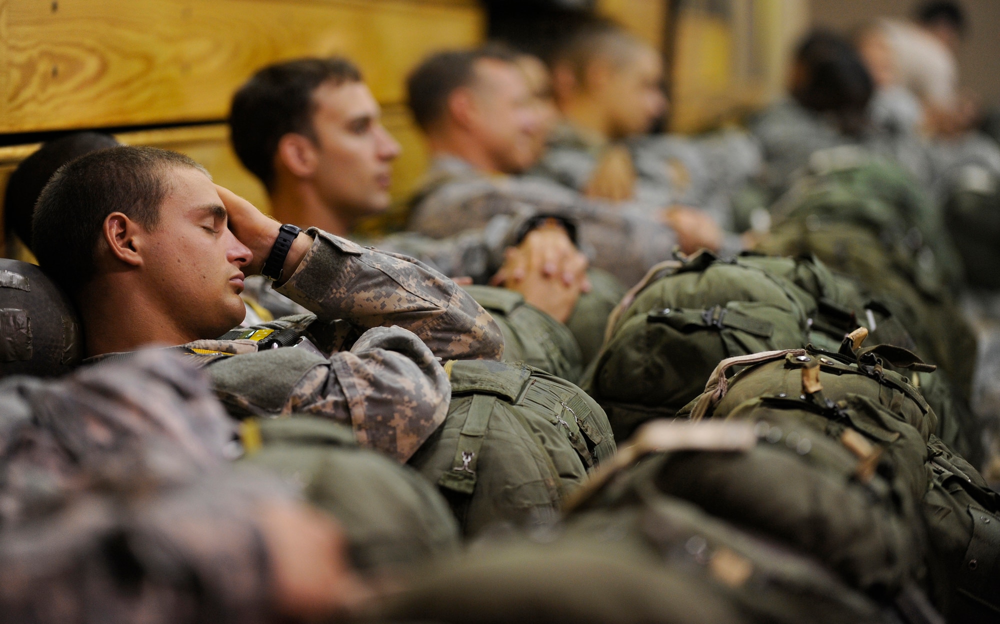 FORT BENNING, GA. -- Army Spc. Dustin Harrison waits to participate in a mass tactical jump during Ranger Rendezvous 2009 at Ft. Benning, Ga. More than 1,000 Rangers assigned to four Ranger battalions from across the country participated in the jump flown by U.S. Air Force aircraft. (U.S. Air Force photo/Senior Airman Jason Epley)