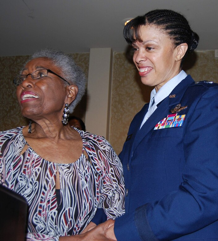 Retired Maj. Nancy C. Leftenant-Colon addresses the audience with Brig. Gen. Stayce D. Harris during the 38th Annual Tuskegee Airmen, Inc., convention Aug. 7 in Las Vegas. The Air Force's highest ranking black female aviator, General Harris is currently based at the Pentagon as the assistant to the U.S. Africa Command commander. Major Leftenant-Colon is the first black nurse in the Reserve or active duty Army nurse corps. (U.S. Air Force photo/Tech. Sgt. Amaani Lyle) 