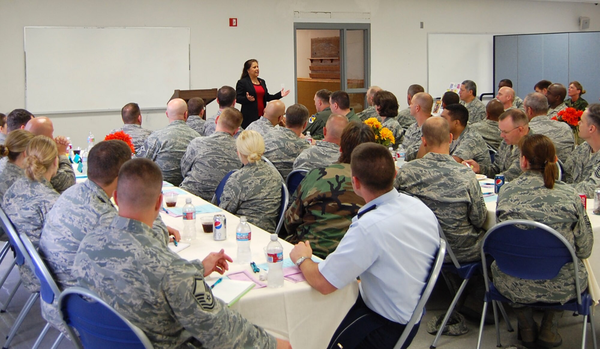 Dr. Linda Fischer, a retired Army major, who was sexually assaulted by her commanding officer while serving on active duty, shared her story with D-M's commanders and first sergeants Aug. 13 at the Hope Chapel here. (U.S. Air Force photo by Staff Sgt. Tim Beckham)
