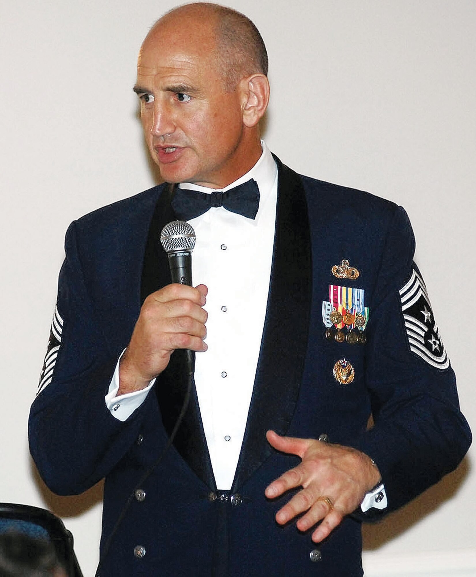 Chief Master Sgt. Stephen Sullens, command chief of Air Combat Command, visited Pope to speak at the Senior NCO Induction Ceremony on the evening of Aug. 7. During his visit, visited Pope’s tenant units and spoke with 25 Airmen about issues ranging from deployment tempo to their senior leadership. (U.S. Photo by Mike Murchison)