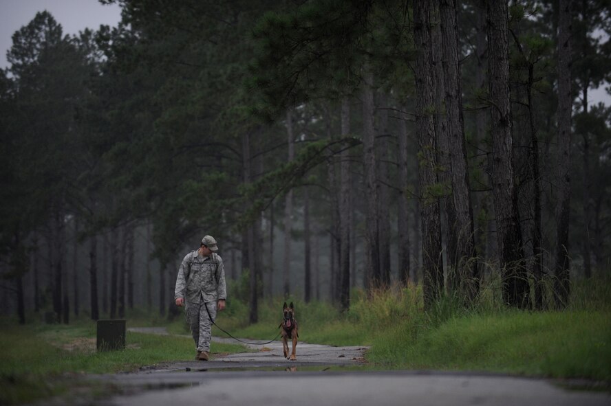 MOODY AIR FORCE BASE, Ga. -- Senior Airman Beaun Clegg, 822nd Security Forces Squadron military working dog handler, performs a ruck march with his dog, Rreyana, here July 9. Airman Clegg is in the process of training and building a relationship with Rreyana since her arrival in June from Lackland Air Force Base, Texas. (U.S. Air Force photo by Senior Airman Gina Chiaverotti-Paige)