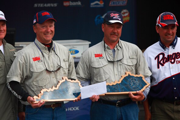 Col Tim Dearing and Master Sgt. Bo Sales proudly display their winner plaques for First Place at the National Guard fishing tournament in Kentucky.  (Photo by Jason Sealock)