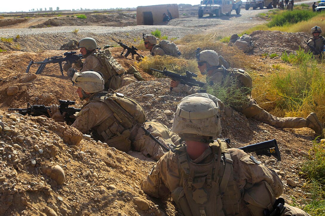 U.S. Marines prepare to return fire during a security patrol in Nawa ...