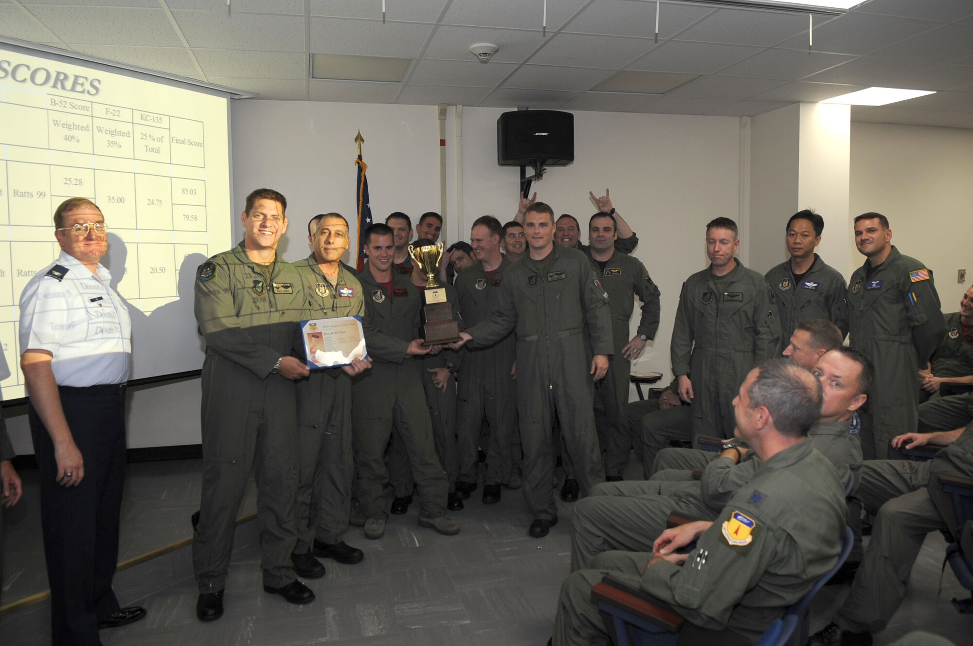 Members of the 36th Operations Group accept the Best Combined Team Award trophy during the 2009 Inaugural Turkey Shoot awards presentation, Aug. 14.
Airmen from the 96th Expeditionary Bomb Squadron, 506th Expeditionary Air
Refueling Squadron and the 525th Expeditionary Fighter Squadron planned and executed tactical missions with airframes that don't regularly train together. The three flying squadrons are deployed to Andersen Air Force Base, Guam,  to support  U.S. Pacific Command's Continuous Bomber Presence and Theater Security Package in the Asia-Pacific region.  (U.S. Air Force photo/Senior Airman Christopher Bush)