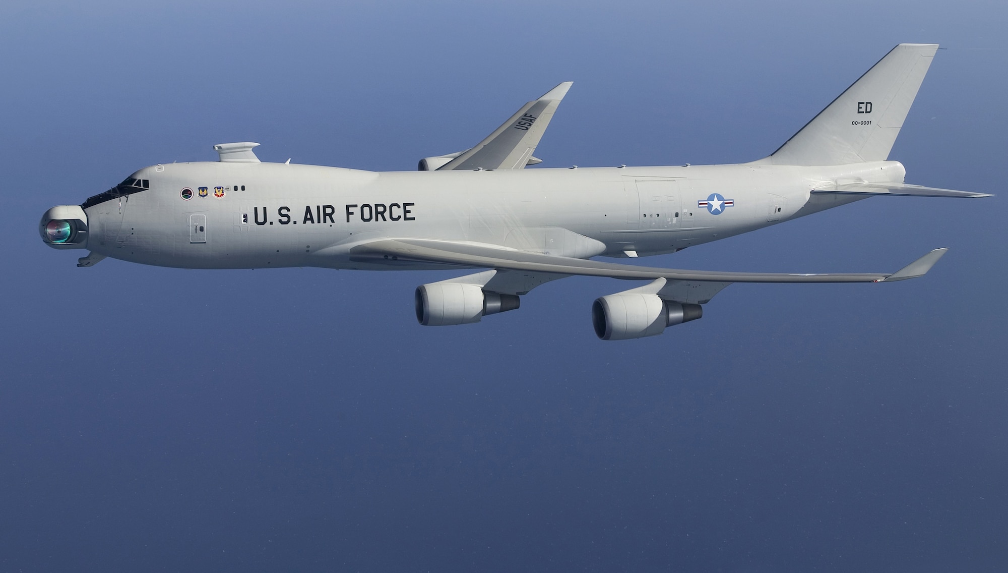 YAL-1A Airborne Laser Aircraft conducts Low-Power Laser Tests Aug. 10. This marks the third successful ABL missile engagement in just over two months. ABL plans to engage progressively more difficult targets in coming months, culminating with a lethal demonstration against a boosting threat-representative ballistic missile target later this year. (Air Force photo/Jim Shryne)