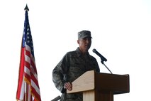 Col. Mark Alsid, Air Force Special Operations Training Center commander, speaks to the audience during the AFSOTC's change of command ceremony Thursday, August 13 at Hurlburt Field, Fla. (U.S. Air Force photo by Senior Airman Julianne Showalter)