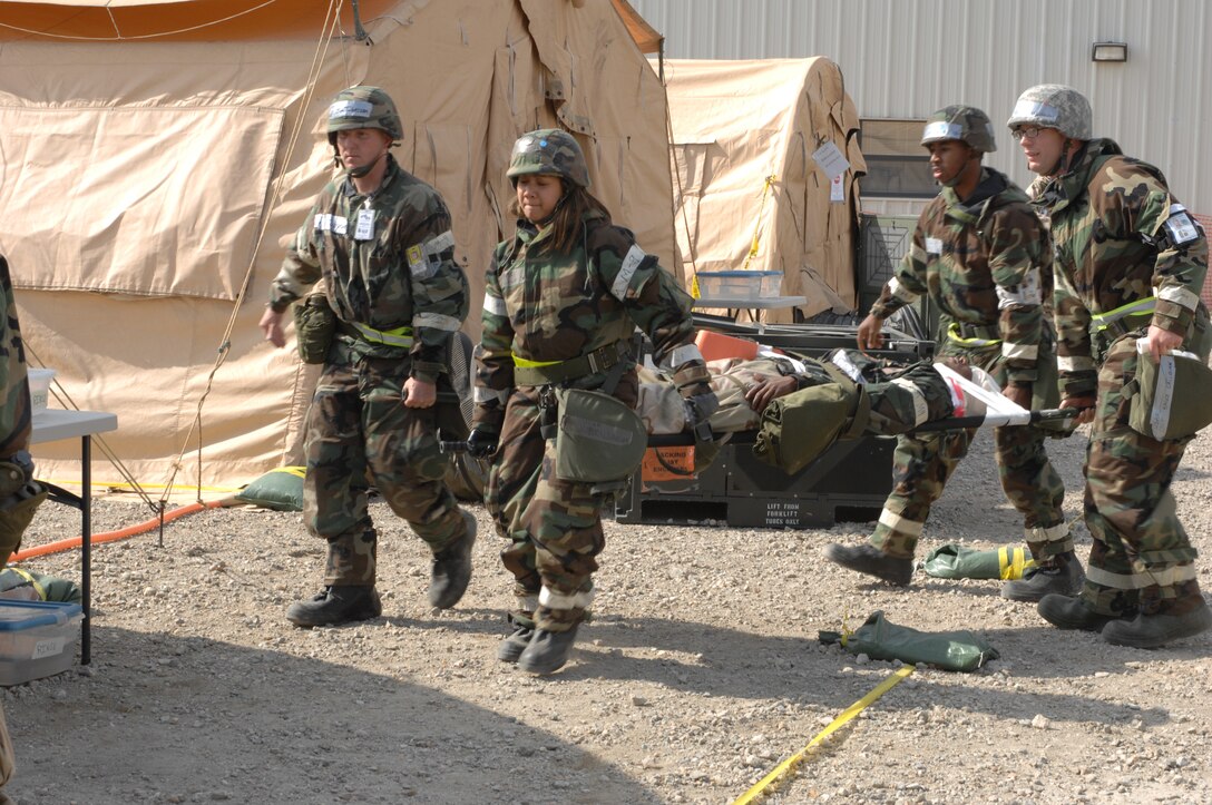 LANGLEY AIR FORCE BASE, Va.  --  Airmen participate in an Operational Readiness Exercise here April 19.  The ORE is conducted to test and prepare Langley Airmen for future deployments. (U.S. Air Force photo/Airman Rebecca Montez)