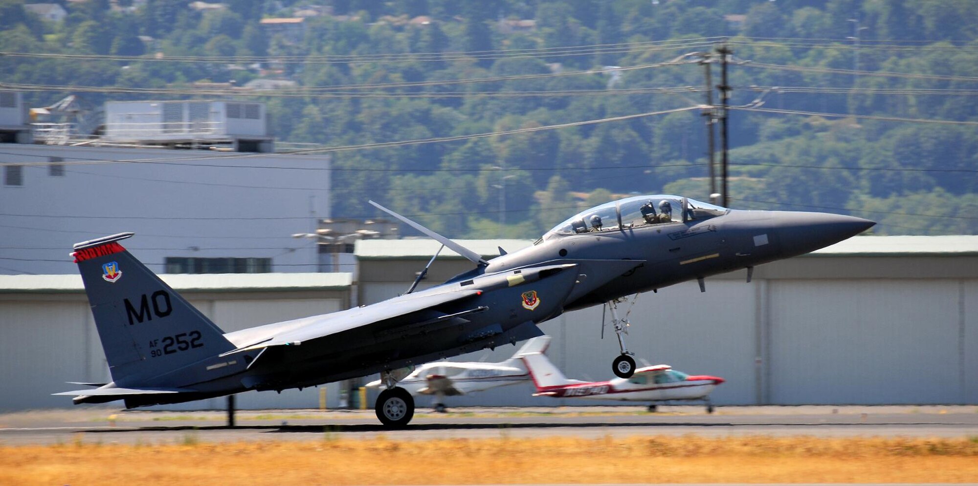 SEATTLE – One of two F-15E Strike Eagles from the 391st Fighter Squadron lands after performing at the Seafair Hydroplane Races and Air Show in Seattle July 30 through Aug. 2. The 391st FS returned to perform during the air show for the first time in three years. The air show, hydro racing and beautiful setting along Lake Washington have made the event a perennial summer favorite since the 1950s. (Photo courtesy Long Bach Nguyen)