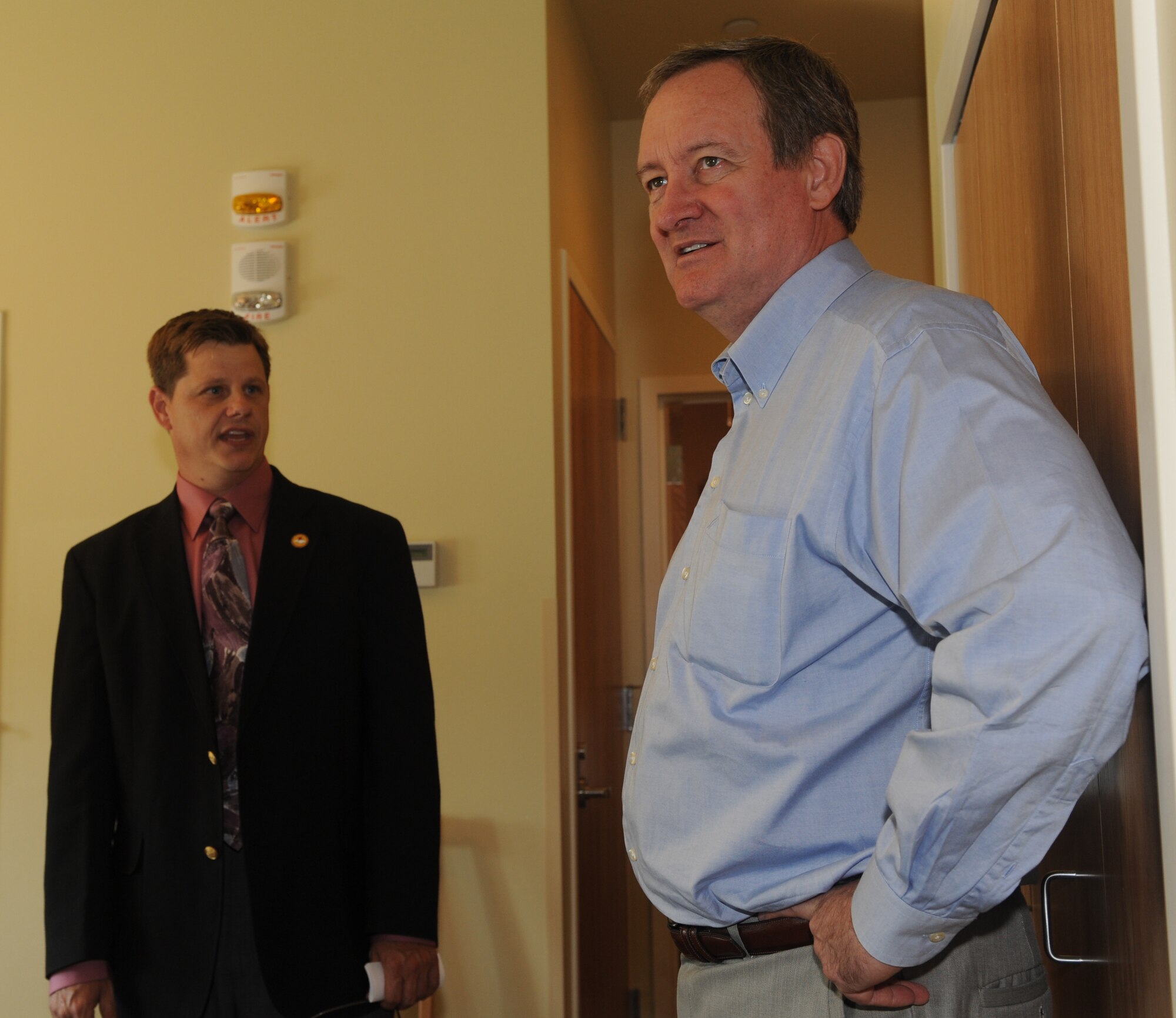 MOUNTAIN HOME AIR FORCE BASE, Idaho - Blaine Miller, 366th Force Support Squadron deputy commander, explains to Senator Mike Crapo how the new changes to the Sage Brush Inn were a much needed improvement Aug. 12. Senator Crapo visited the base to learn more about the mission of the 366th FW. (U.S. Air Force photo by Airman 1st Class Renishia Richardson)
