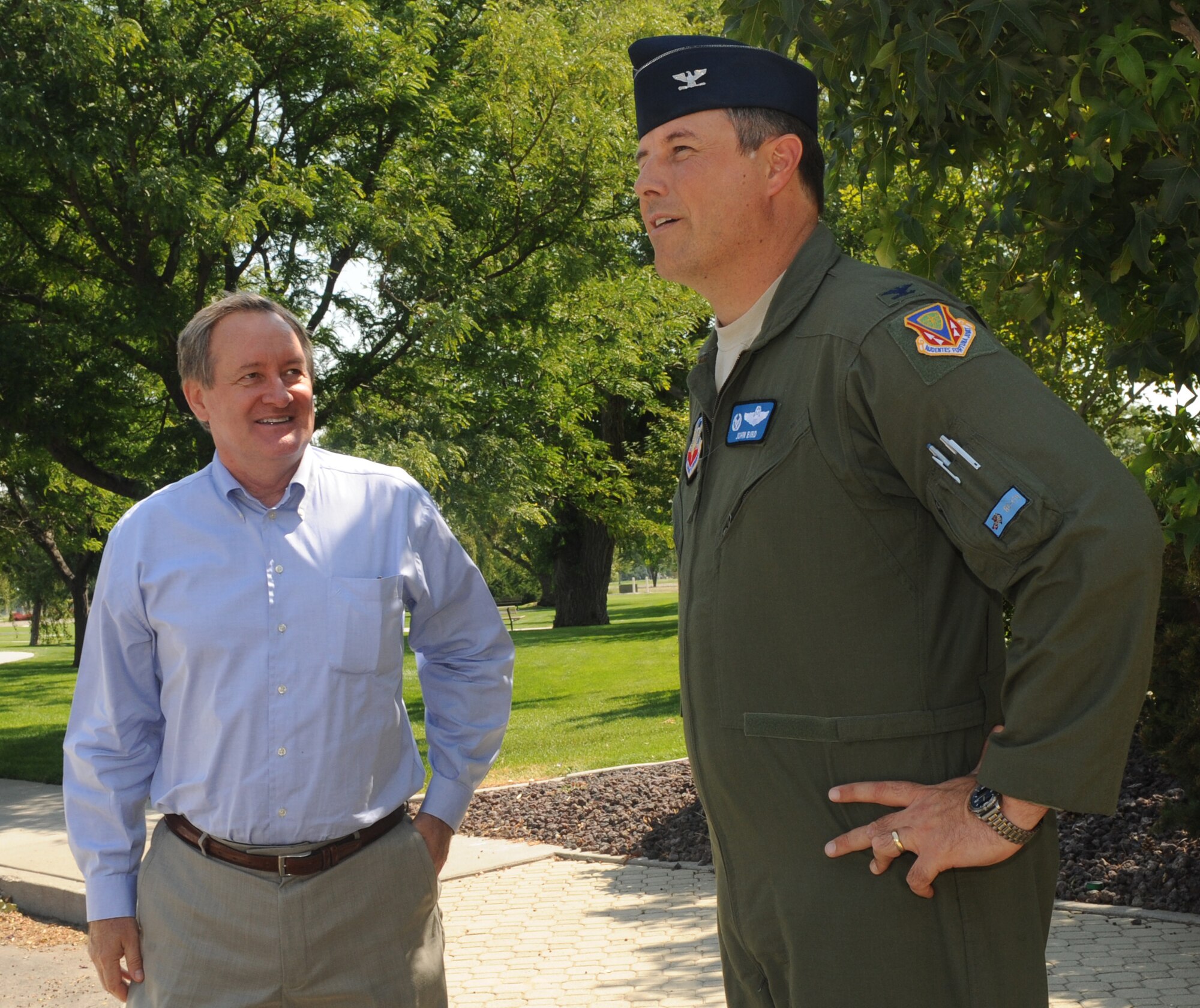 MOUNTAIN HOME AIR FORCE BASE, Idaho - Senator Mike Crapo and Col. John Bird, 366th Fighter Wing commander, talk before Sen. Crapo goes on a tour of Mountain Home Air Force Base Aug 12. Senator Crapo visited the base to learn more about the mission of the 366th FW. (U.S. Air Force Base photo by Airman 1st Class Renishia Richardson)