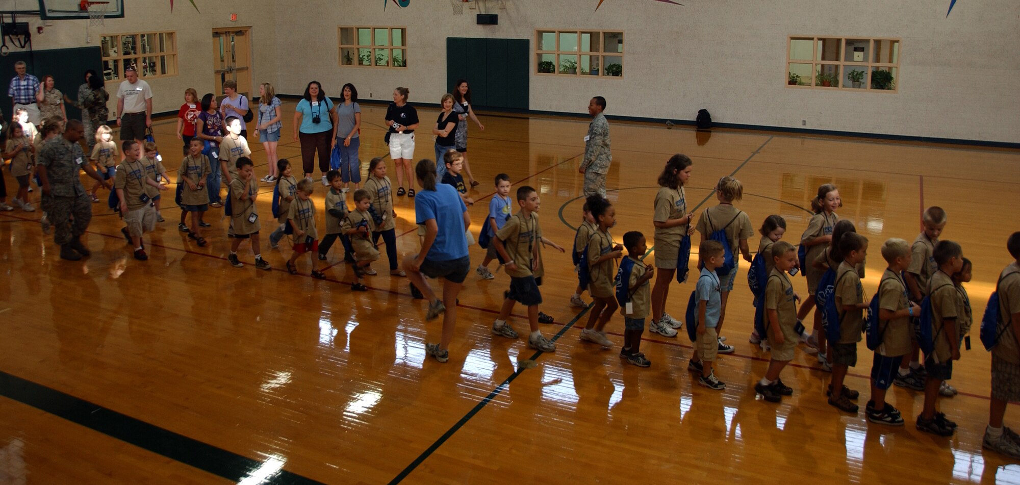 Children participating in Operation KIDS, Aug. 6 at Vance AFB, Okla., learn to march in the Fitness Center before their “deployment” to Camp Liberty in Hangar 170. Operation KIDS was a hands-on event for children of military families to learn about their parents’ deployment process. (U.S. Air Force photo/ 1st Lt. Agneta Murnan)