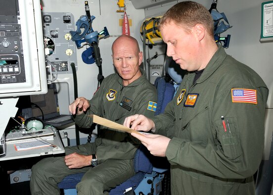 Swedish 1st Lt. Harry Johansson and U.S. Air Force Staff Sgt. Todd Perkins, C-17 loadmasters assigned to the Heavy Airlift Wing Pápa Air Base, Hungary, go over a preflight checklist prior to departing Ramstein Air Base, Germany. The HAW, is comprised of 11 European nations which operate independently of NATO's military command, and was created to help nations meet global reach commitments.  (U.S. Air Force photo by Staff Sgt. Markus M. Maier)
