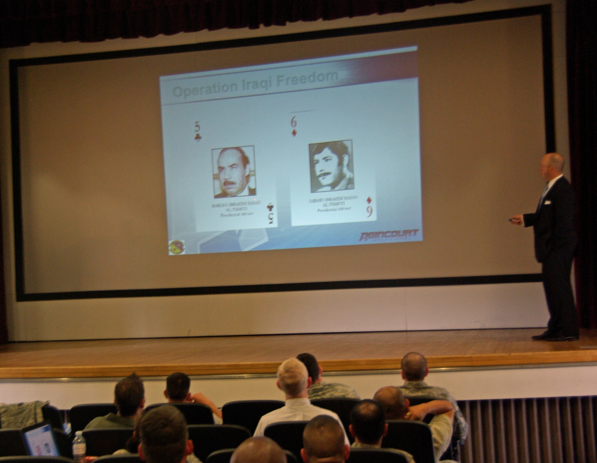 RAF MILDENHALL, England – Mr. Jeffrey Chapman addresses participants on “Terrorism in the Middle East,” one of the topics covered during the Dynamics of International Terrorism course recently held at the base theater here. The course is offered by the special operations community and was last held at this base three years ago. More than 200 individuals participated in the course. (U.S. Air Force photo by Tech. Sgt. Wood)