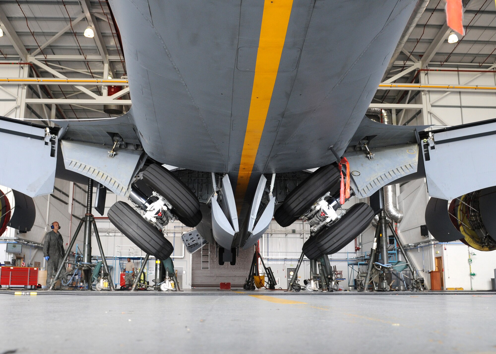 RAF MILDENHALL, England – Tech. Sgt. Jonathan Stone, 100th Maintenance Squadron aero repair shop, performs a landing gear operational check after replacing landing gear components during the isochronal inspection Aug. 13, 2009. The purpose of the check is to ensure proper operation of the landing gear. (U.S. Air Force photo by Staff Sgt. Jerry Fleshman)