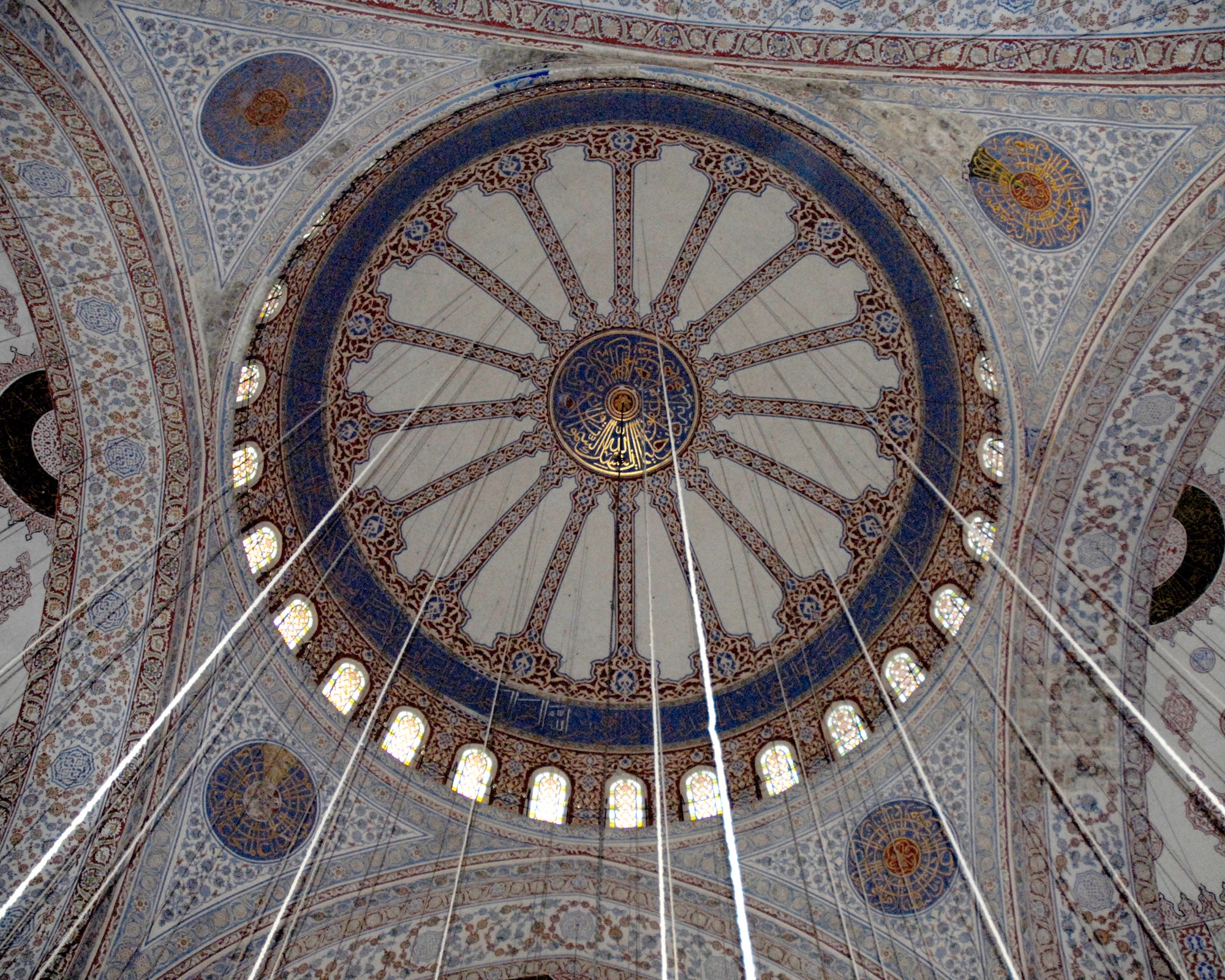 The large domed ceiling displays the beautiful tiles that have given the of the Sultan Ahmet Mosque, or the Blue Mosque, its nickname. Construction on the mosque began in 1606 and concluded in 1616. The mosque has six minarets and 260 windows. (U.S. Air Force photo/Staff Sgt. Lauren Padden)
