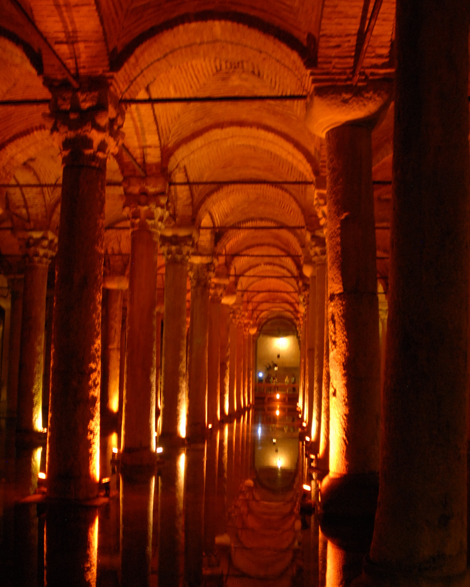 The Basilica Cistern built in 532 AD by Justinian, houses 336 columns throughout the 65 meter wide and 143 meter long  room, Istanbul Turkey.  The cistern at one time housed 80,000 cubic meters of water which could be pumped or delivered through aqueducts. Two columns feature the head of Medusa and swimming throughout the water are hundreds of carp. (U.S. Air Force photo/Staff Sgt. Lauren Padden)
