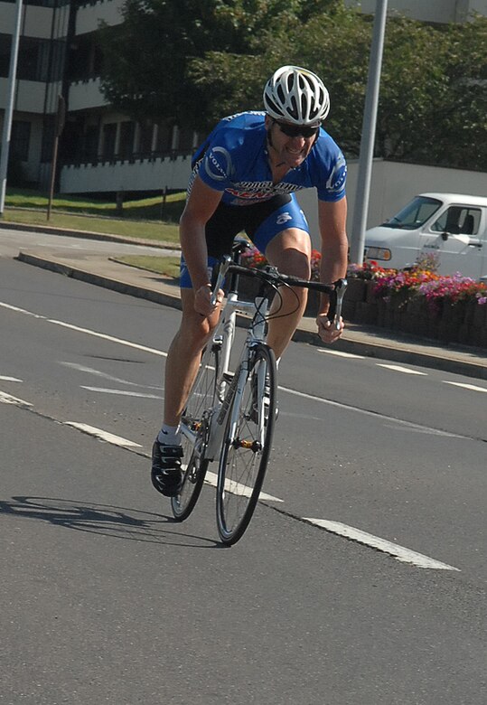 SPANGDAHLEM AIR BASE, Germany – Martin Heinz, a contractor at the Spangdahlem Fitness Center, races to the finish line of the Eifel Classic, which is part of the Armed forces race series Aug. 15, 2009. Mr. Heinz finished first in the 50-kilometer race around Perimeter Road with a time of 1 hour, 20 minutes, and 6 seconds. (U.S. Air Force photo/Airman 1st Class Nick Wilson)  
