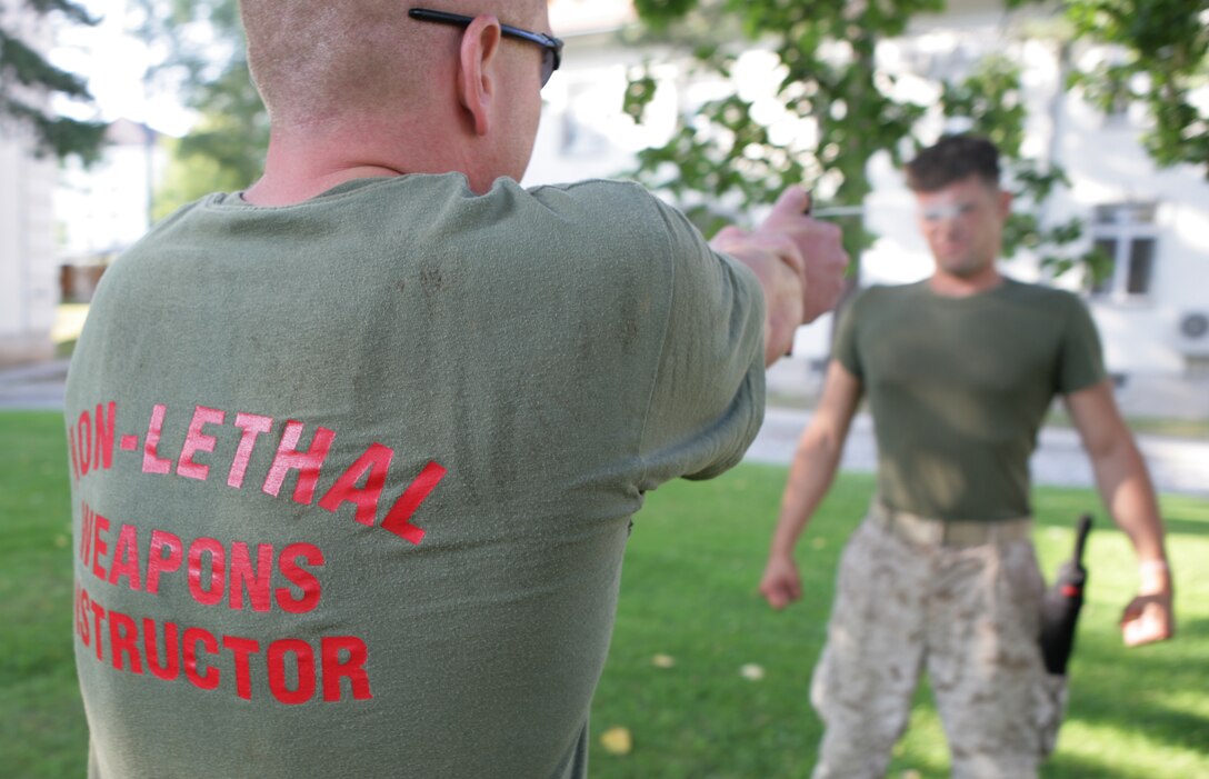 Staff Sgt. Bradley Loudon, Marine Forces Europe non-lethal weapons instructor, sprays a corpsman from 1st Fleet Anti-Terrorism Security Team (FAST) Company during Oleoresin Capsicum (pepper spray) certification training. The FAST Co. Marines conducted a week-long non-lethal weapons certification training exercises here in conjunction with the U.S. European and U.S. Africa Commands' NLW conference and capabilities exercise.