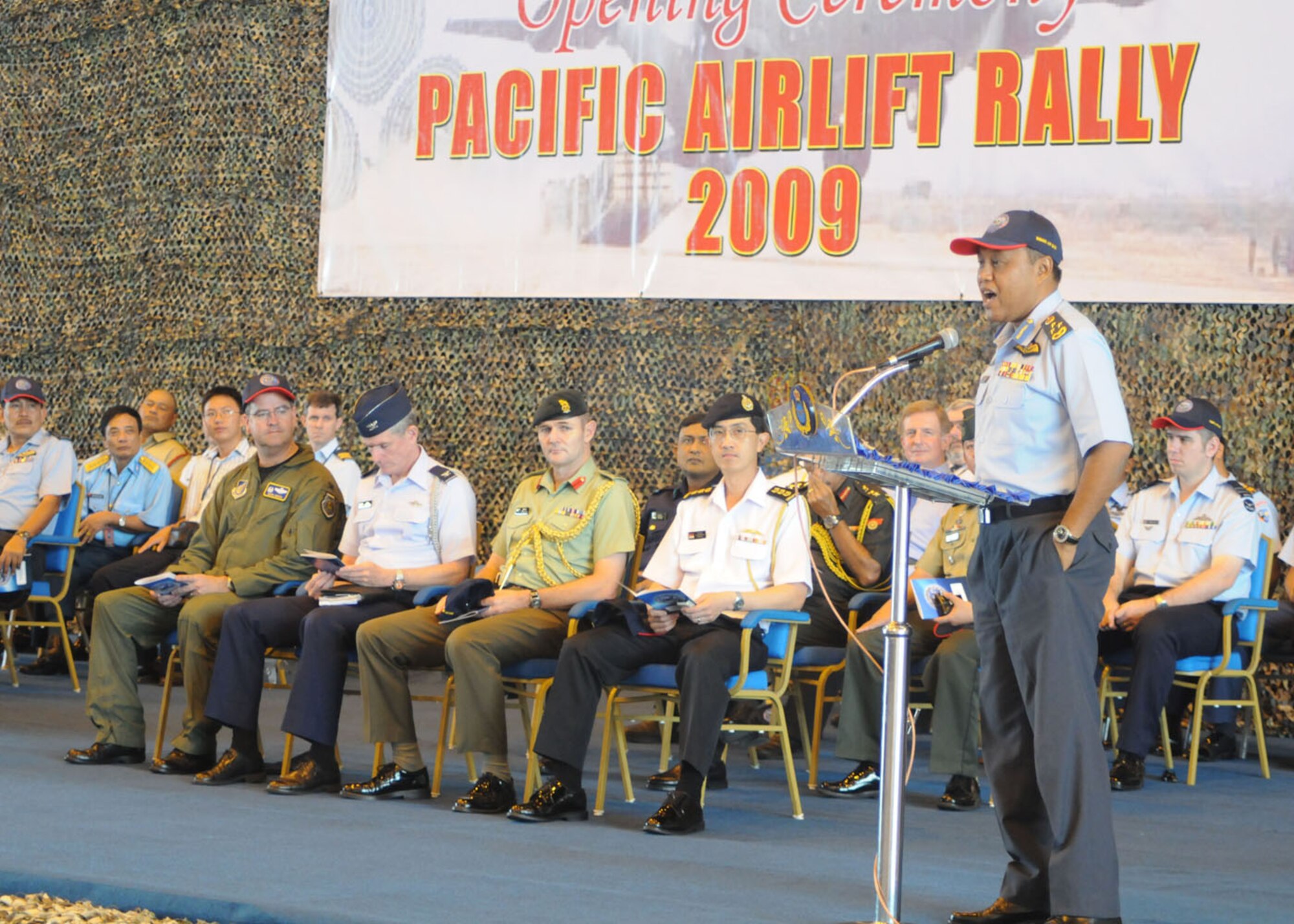 SUBANG ROYAL MALAYSIAN AIR FORCE BASE, Malaysia -- Lt. Gen. Dato Rodzali bin Daud, Royal Malaysian Air Force Air Operations commander, delivers a speech during the opening ceremony for the Pacific Airlift Rally 2009 Aug 18 here. The PAR is a bi-annual exercise involving Pacific Rim nations which enhances military airlift interoperability with a focus in humanitarian assistance and disaster relief operations. The exercise consists of a tabletop exercise and field-training exercise involving three C-130 aircraft from the 374th Airlift Wing at Yokota Air Base, Japan, and one C-130 each from the RMAF, Royal Australian Air Force, Republic of Singapore Air Force and Royal New Zealand Air Force. (U.S. Air Force photo/Staff Sgt. Veronica Pierce)