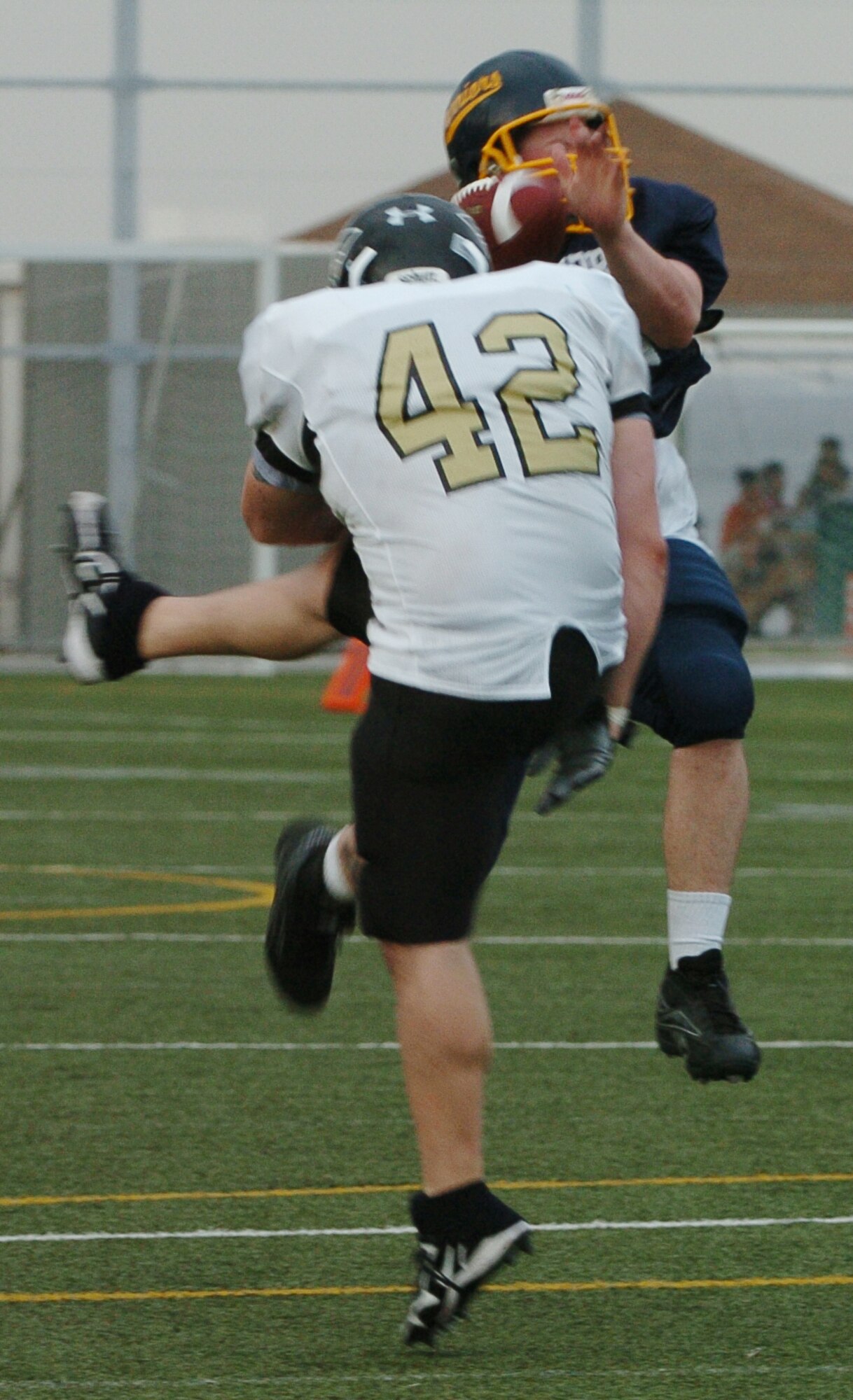 YOKOSUKA, Japan -- Yokota Warriors' punter/defensive lineman Christopher Rhodey blocks a Yokosuka punt late in the fourth quarter to set up a game-tying touchdown during Yokota's 18-12 defeat of the Yokosuka Seahawks Aug. 1 in a semi-final game of the U.S. Forces Japan-American Football League playoffs. Yokota earned its third Torii Bowl, or championship, berth since the USFJ-AFL began in 2000. The Warriors lost at Yokosuka 15-12 in 2000 and 30-21 at Misawa in 2005. Yokota travels to Kadena Air Base Aug. 28 to take on Camp Foster in the championship game. (U.S. Air Force photo/Master Sgt. Matt Summers) 