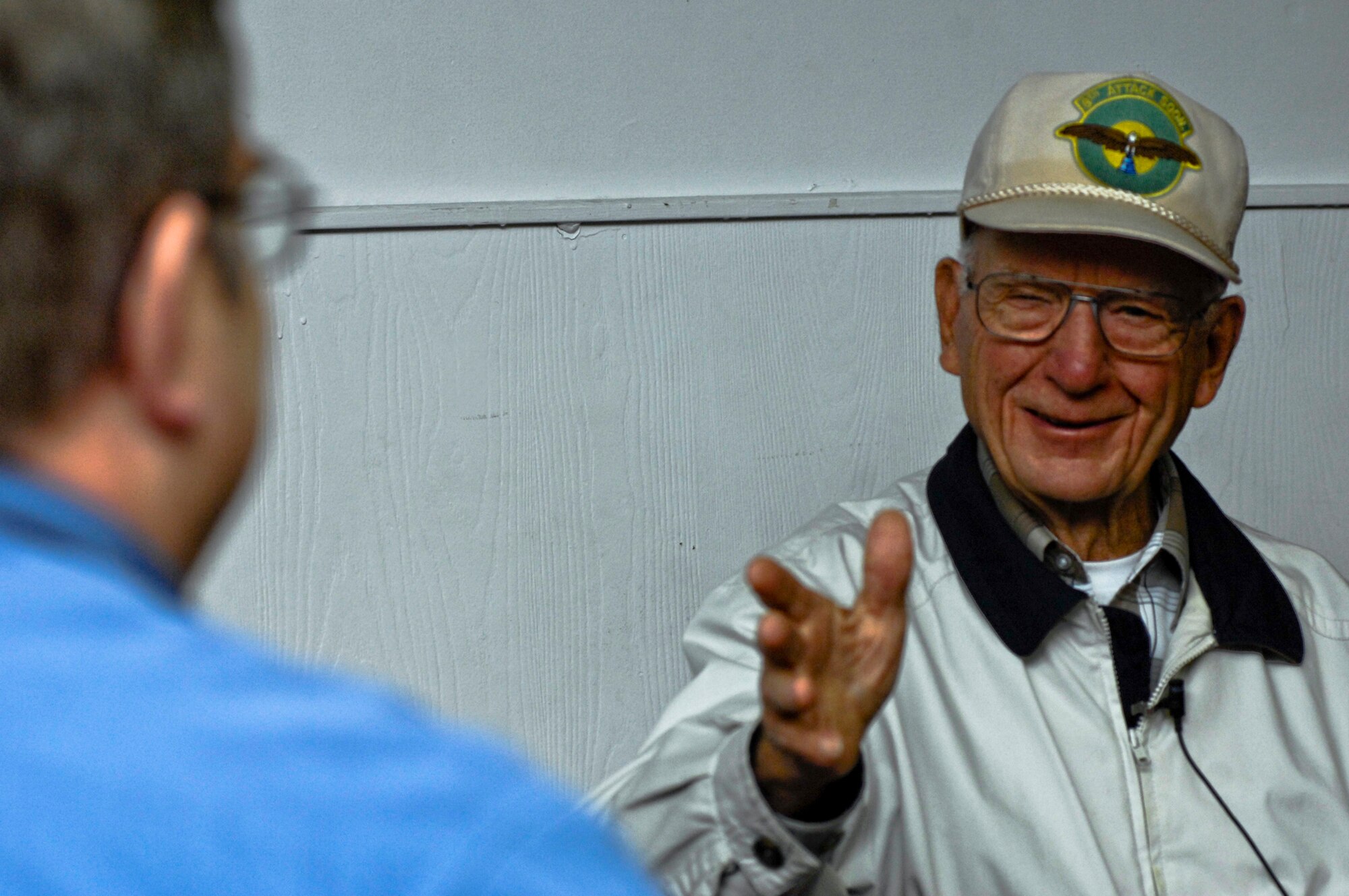 ELMENDORF AIR FORCE BASE, Alaska -- Richard "Jack" Strula tells the story about his experience as a member of the 3rd Bombardment Group during an interview Aug. 13. Strula was a pilot for 3rd BG that was stationed in Australia and stopped Japan from advancing into the South Pacific during World War II. Strula and several other members from the 3rd BG reunited here for their 20th reunion Aug. 12-16. This is their last scheduled reunion. (U.S. Air Force photo/Airman 1st Class Christopher Gross)  