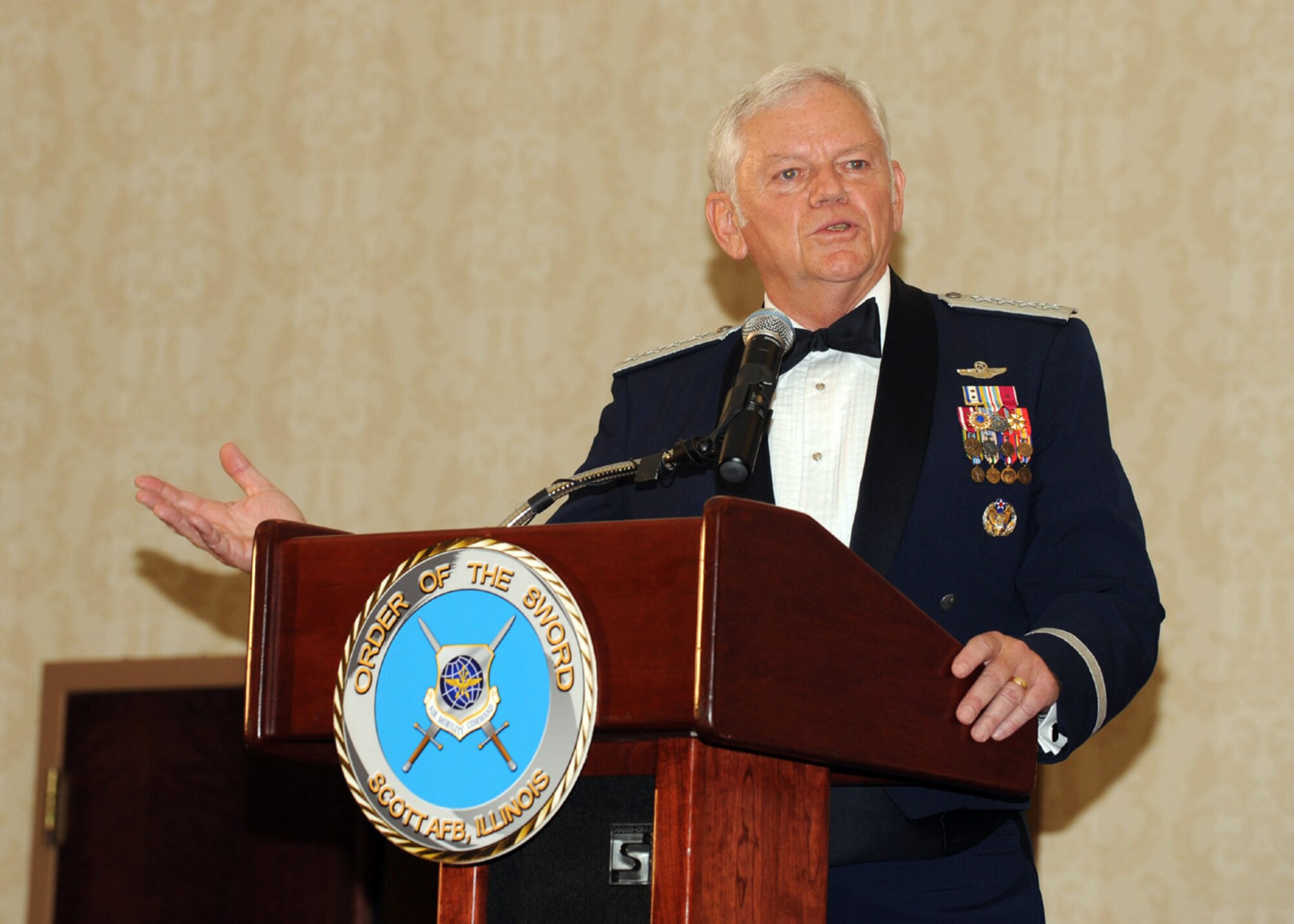 Gen. Arthur J. Lichte speaks to Air Mobility Command Airmen at his induction ceremony to the AMC Order of the Sword Aug. 14 at Scott Air Force Base, Ill. General Lichte is the commander of AMC. (U.S. Air Force photo/Staff Sgt. Paul Villanueva II) 