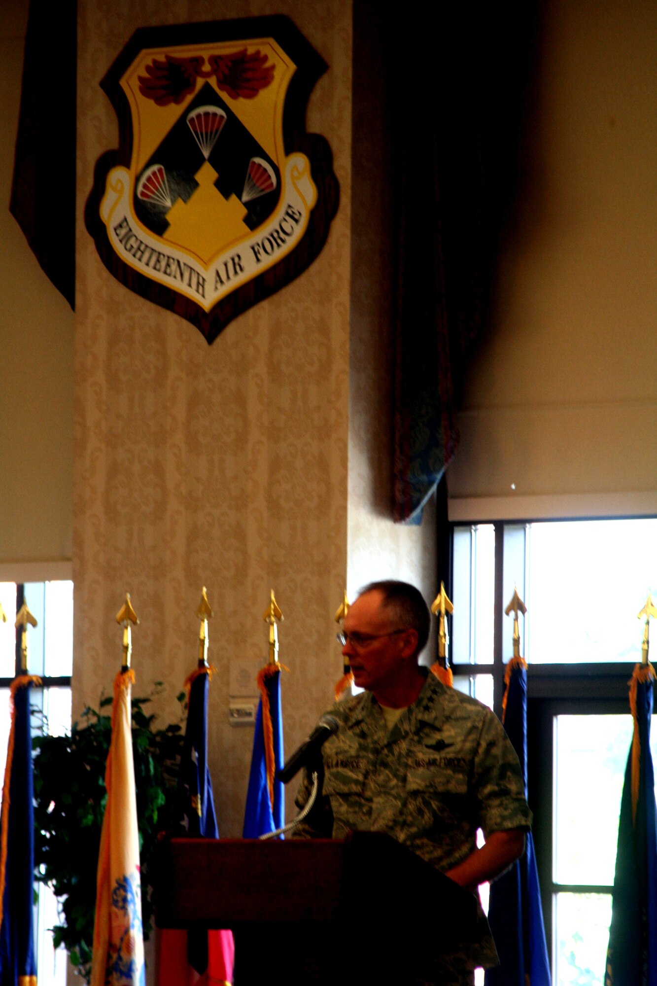 Lt. Gen. Robert Allardice, new 18th Air Force commander, addresses the audience during the 18th AF change of command ceremony Aug. 19, 2009, at Scott Air Force Base, Ill. The 18th Air Force is AMC's sole warfighting numbered air force and is responsible for the command's worldwide operational mission. General Allardice is the fifth commander of 18th Air Force. (U.S. Air Force Photo/Tech. Sgt. Scott T. Sturkol)