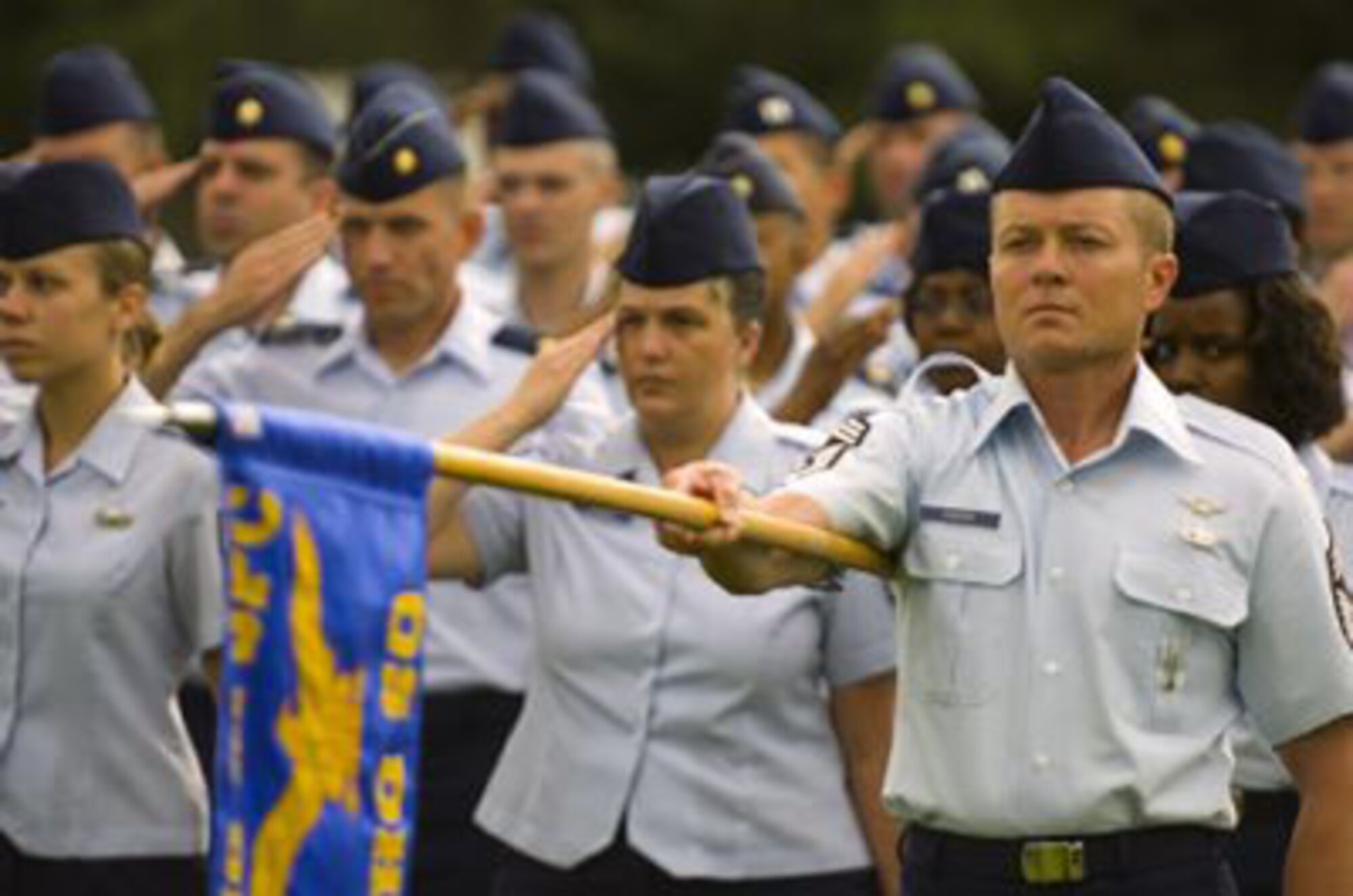 Air Force personnel stand in formation during a retirement ceremony for Air 
Force Space Command vice commander, Maj. Gen. Thomas Deppe at Peterson Air 
Force Base in Colorado Springs, Colo., Friday, Aug. 14, 2009. Maj. Gen. Deppe 
served 42 years of distinguished service. Holding the guidon is Chief Master Sgt. Robert Cherry, superintendent of the 380th Space Control Squadron, 310th Space Wing, Peterson Air Force Base, Colo. (Courtesy photo by Cole W. Eberle, The Gazette)
