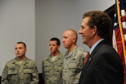 Sen. Jim DeMint meets with Charleston AFB’s RODEO Team Members at the Citadel Alumni House Aug.18. Senator DeMint presented a signed photo and proclamation to the 2009 RODEO team thanking them for their service and congratulating them on their success at the 2009 Air Mobility Command RODEO competition in July. The statement was entered into the Congressional Record Aug. 6. Sen. DeMint is a U.S. Senator from South Carolina.  (U.S. Air Force photo/Senior Airman Katie Gieratz)