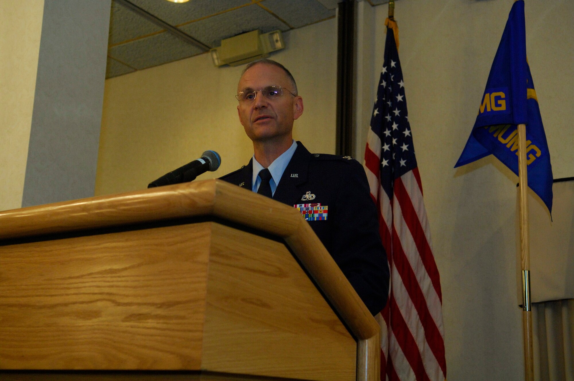 MINOT AIR FORCE BASE, N.D. -- Col. David Milner Jr., 798th Munitions Maintenance Group Commander, talks about the future of the new group during the assumption of command ceremony here, Aug. 18. The 798th MUMG standup is an important step toward establishing support for Air Force Global Strike Command, which is the lead major command for Air Force nuclear operations. (U.S.  Air Force photo by Airman 1st Class Jesse Lopez)