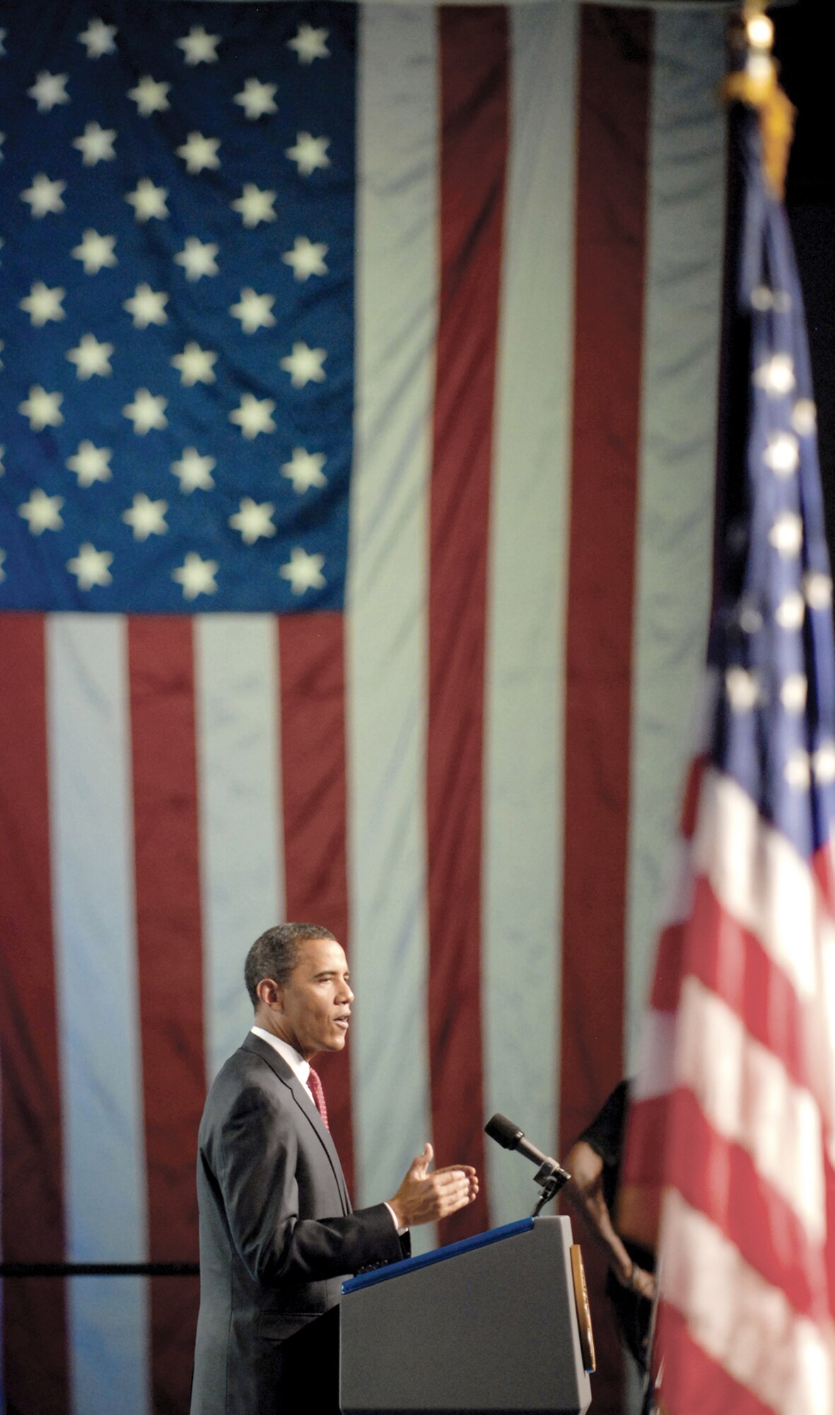 President Barack Obama speaks to a crowd of more than 6,000 people, including 51 Airmen from Luke Air Force Base, Ariz., at the 110th Veterans of Foreign Wars national convention Aug. 17 in Phoenix. Luke AFB officials received an invitation from the VFW organizational team for 50 Airmen to attend the opening session of the convention, as well as to hear the keynote speaker, President Obama. (U.S. Air Force photo/Deborah Silliman Wolfe) 