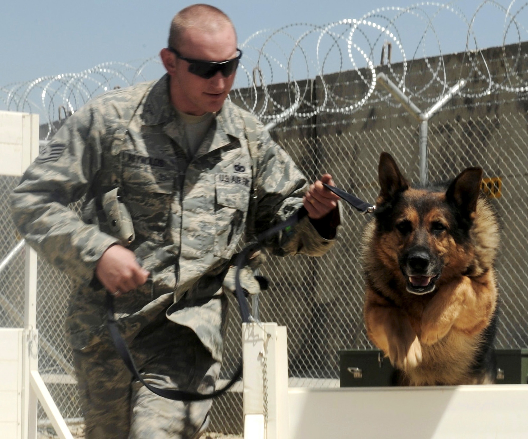 Staff Sgt. Chris Reynolds runs his German shepherd, Baiky, through a training obstacle course Aug. 7 at Bagram Airfield, Afghanistan. Sergeant Reynolds, an eight-year Air Force veteran, is a dog handler with the 455th Expeditionary Security Forces Squadron and is deployed from Vandenberg Air Force Base, Calif. He and his dog patrol the base and inspect mail, luggage and vehicles for narcotics. (U.S. Air Force photo/Staff Sgt. J.G. Buzanowski) 
