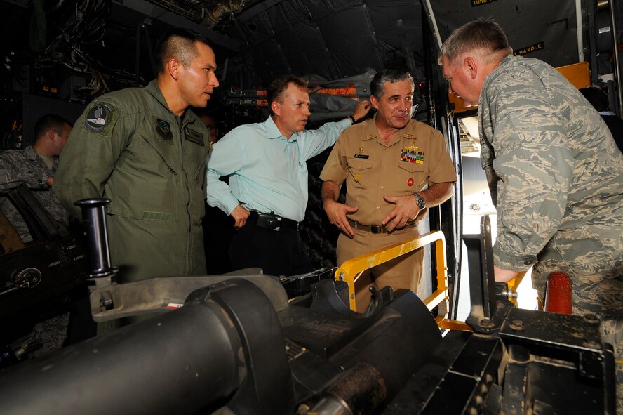 HURLBURT FIELD, FL. -- Maj. General Kurt Cichowski, Vice Commander Air Force Special Operations Command, speaks with Peruvian Vice Adm. Reynaldo Tomas Pizarro Antram, Chief of Staff, Armed Forces Joint Staff Peru, about the various weapon systems aboard the AC-130U Spooky Gunship Aug. 11. Admiral Pizarro toured various facilities acquiring a better understanding for Air Force Special Operations and its training. (U.S. Air Force photo/Senior Airman Jason Epley)