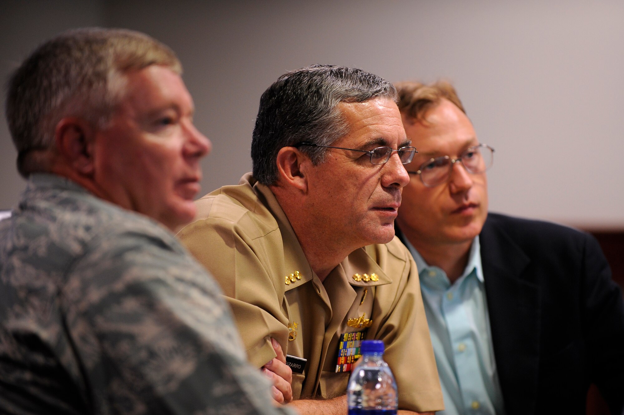 HURLBURT FIELD, FL. -- Maj. General Kurt Cichowski, Vice Commander Air Force Special Operations Command, and Peruvian Vice Adm. Reynaldo Tomas Pizarro Antram, Chief of Staff, Armed Forces Joint Staff Peru, listen to a Joint training presentation during a visit here Aug. 11. The Vice Chairman Joint Chiefs of Staff, invited Admiral Pizarro to visit various U.S. installations to talk about future U.S.-Peru Mil-to-Mil cooperation, training and engagement. (U.S. Air Force photo/Senior Airman Jason Epley)